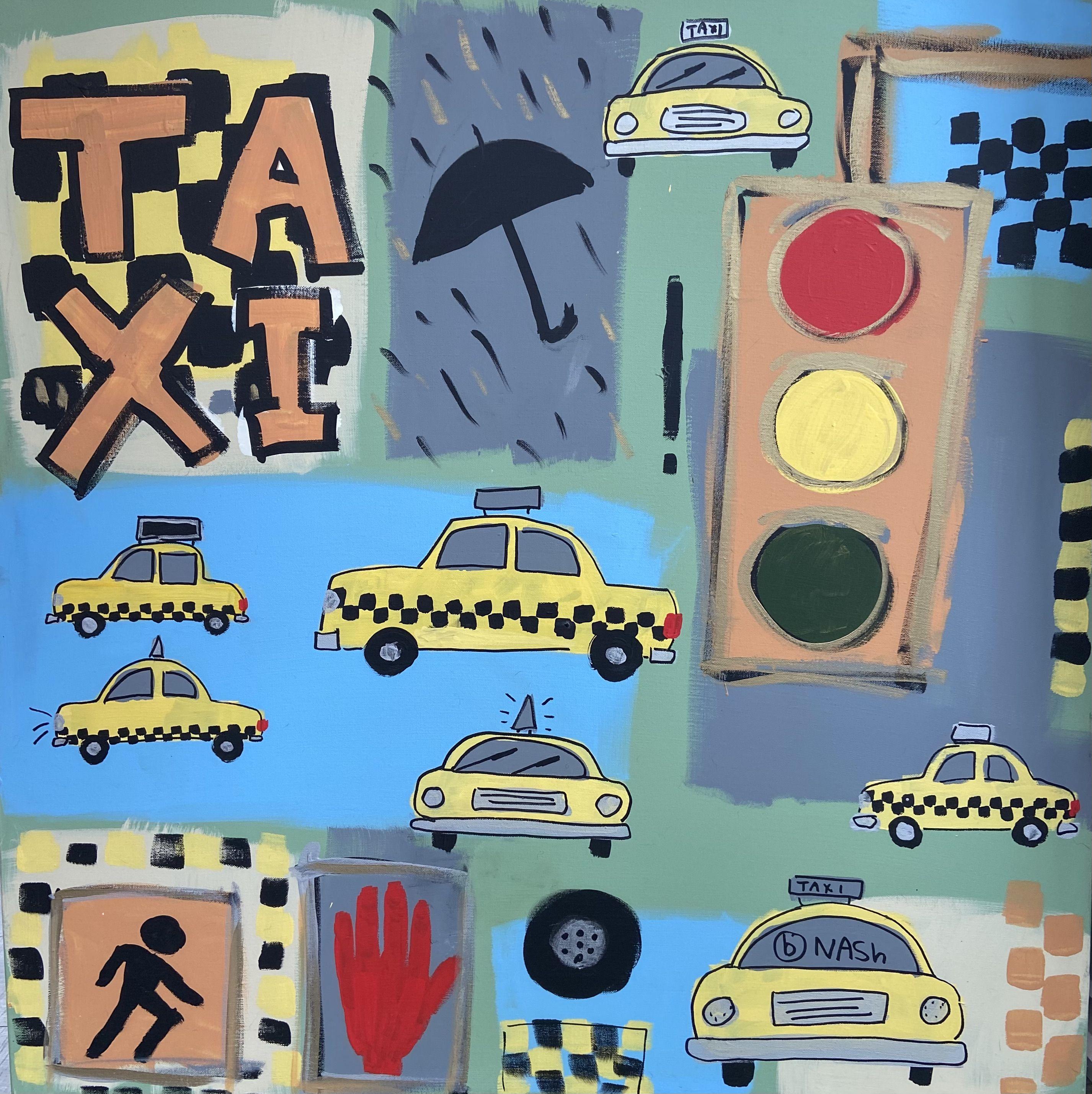 Hail! Hail! The checker cab reigns supreme. :: Painting :: Pop-Art :: This piece comes with an official certificate of authenticity signed by the artist :: Ready to Hang: Yes :: Signed: Yes :: Signature Location: lower right :: Canvas :: Diagonal ::