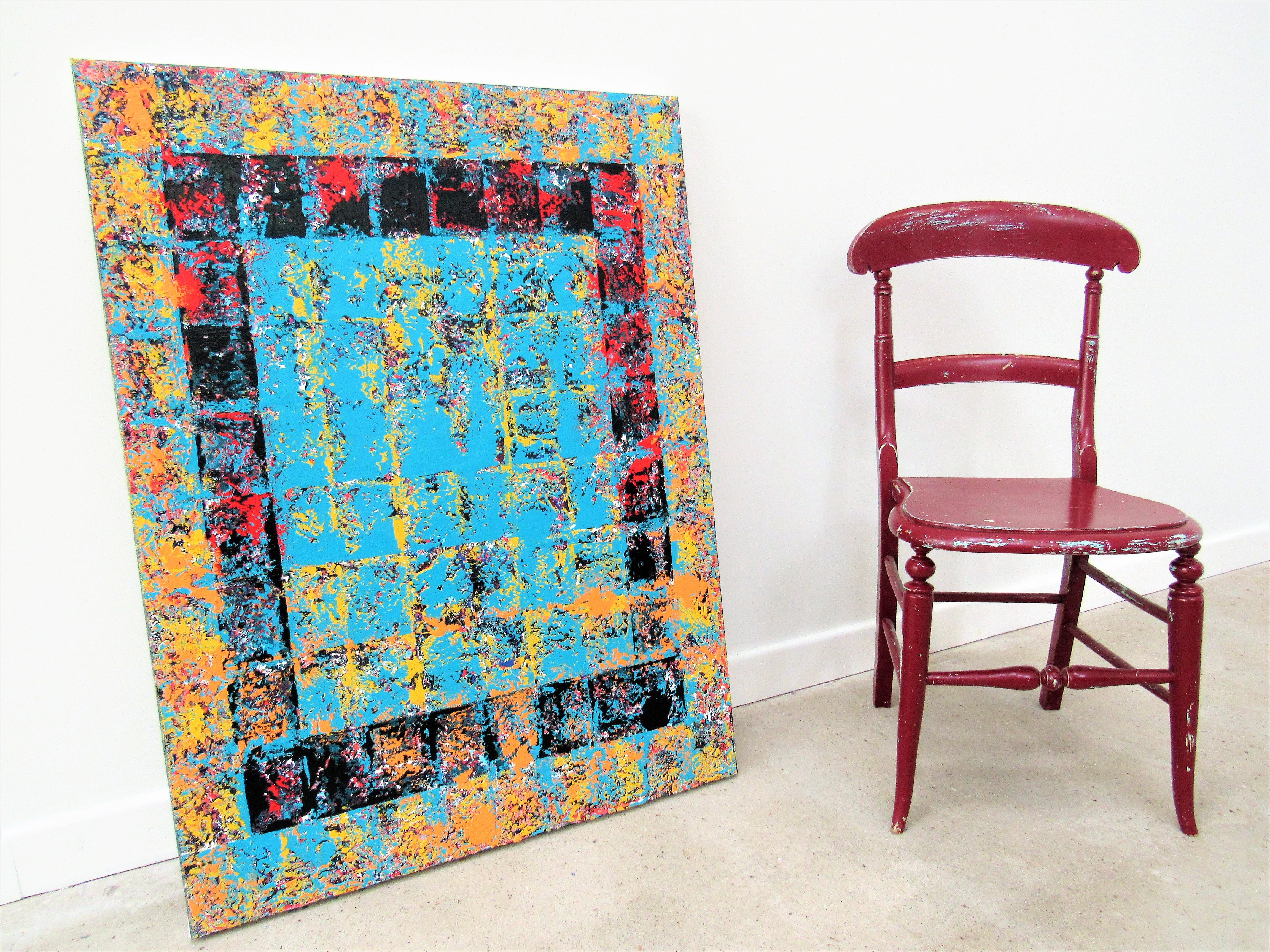 Beckon- colourful, geometric, squares, blue, squares, rectangles For Sale 2