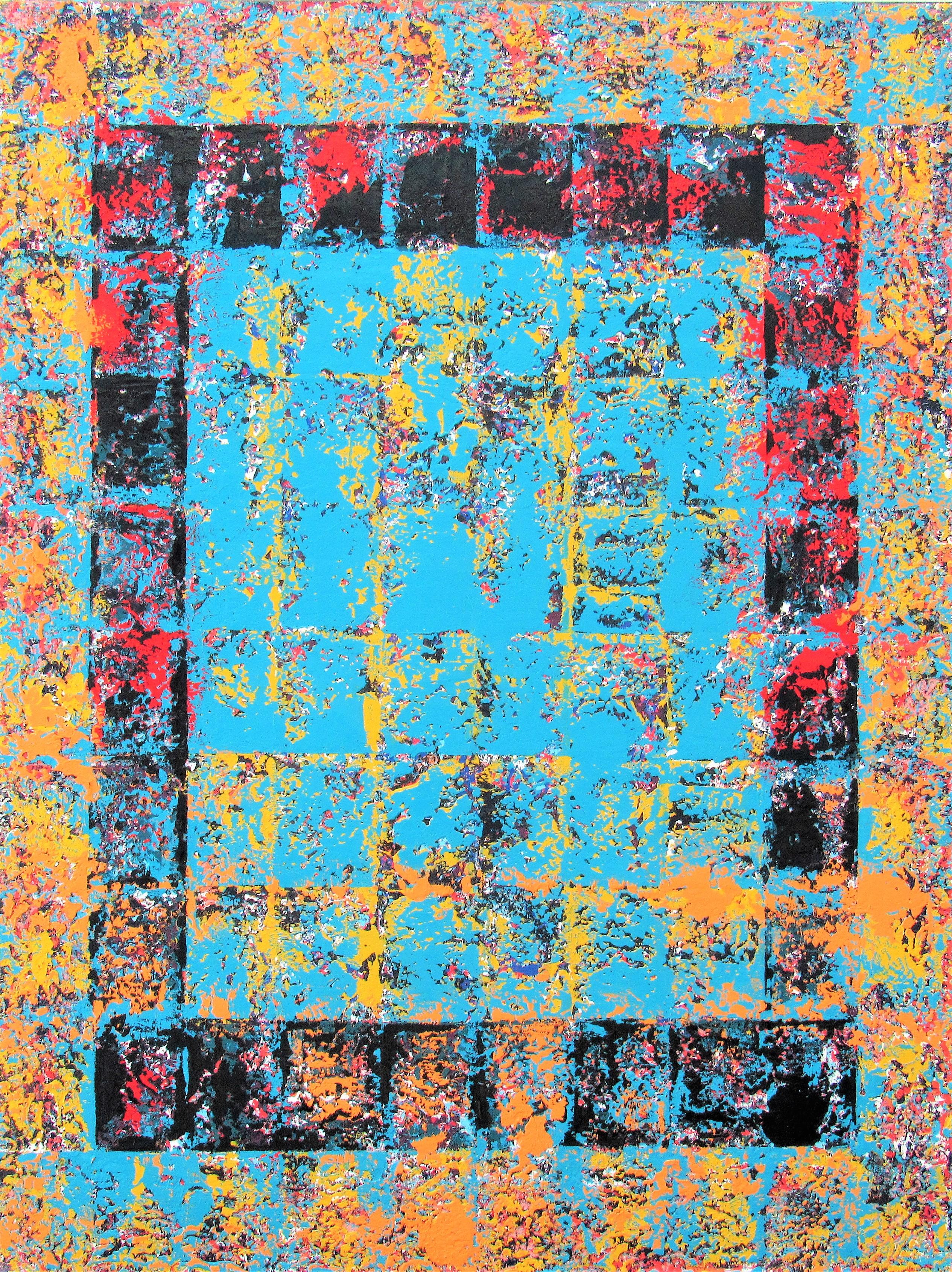 Beckon- colourful, geometric, squares, blue, squares, rectangles - Painting by Brian Neish