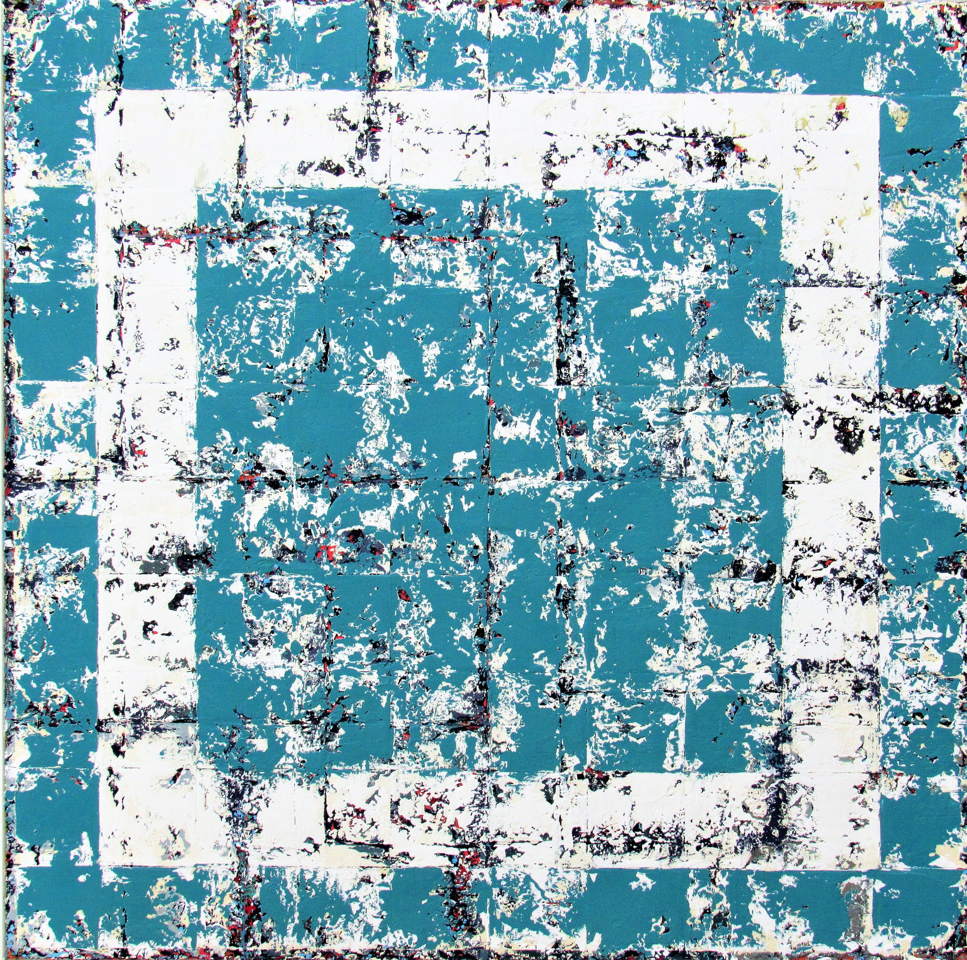 Glimpse - contemporary turquoise white abstract geometric oil painting on canvas - Painting by Brian Neish