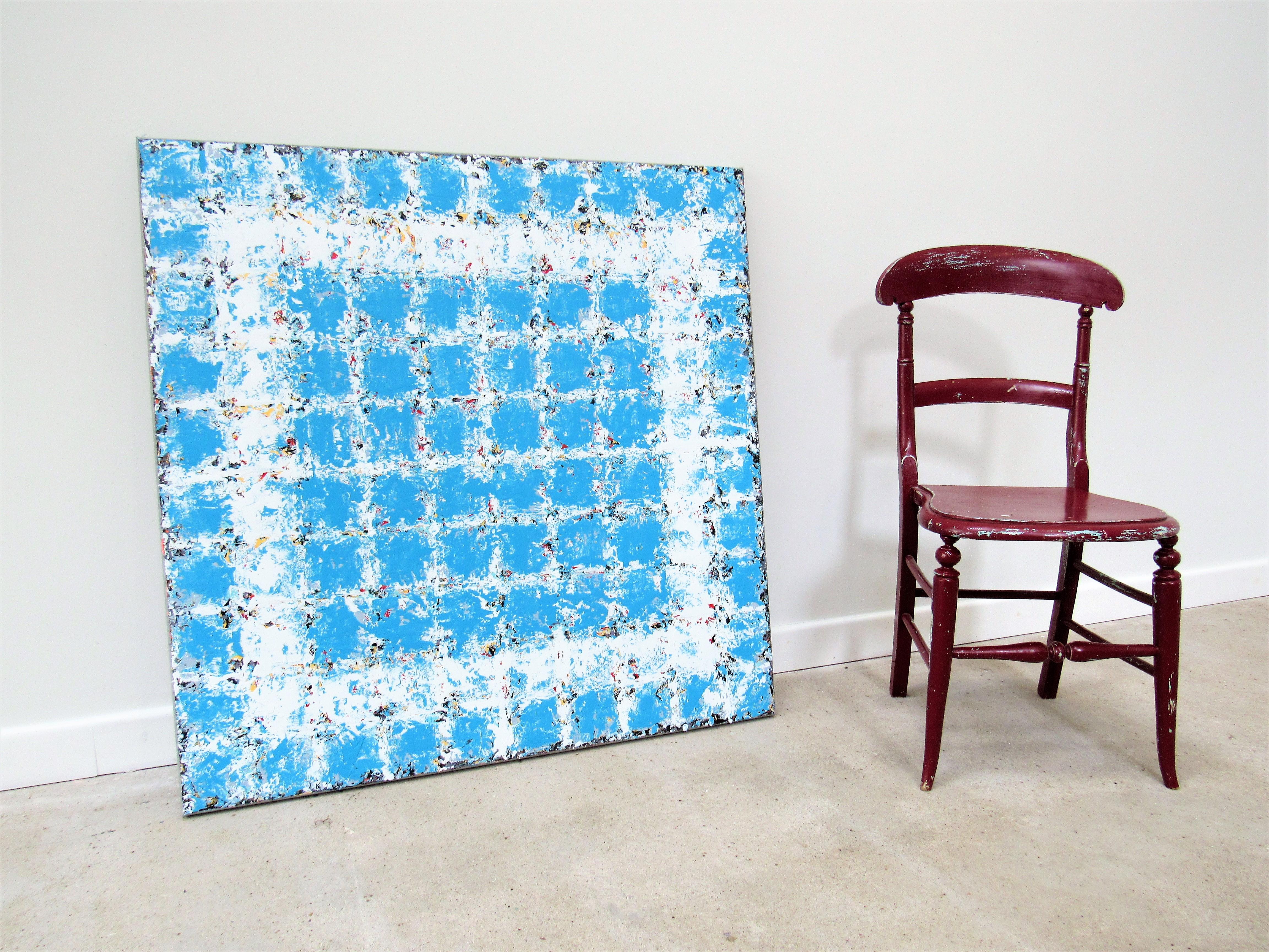 Desapareciendo - Arte Abstracto Azul y Blanco / Cuadrado Geométrico: Óleo sobre Lienzo - Painting Contemporáneo de Brian Neish