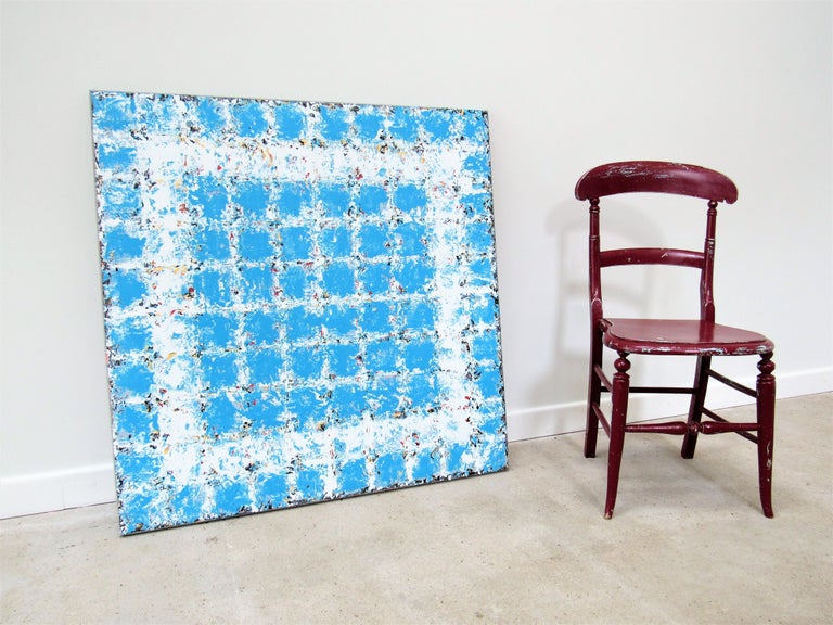 Vanishing - Blue & White Abstract Art / Geometric Square: Oil on Canvas - Contemporary Painting by Brian Neish