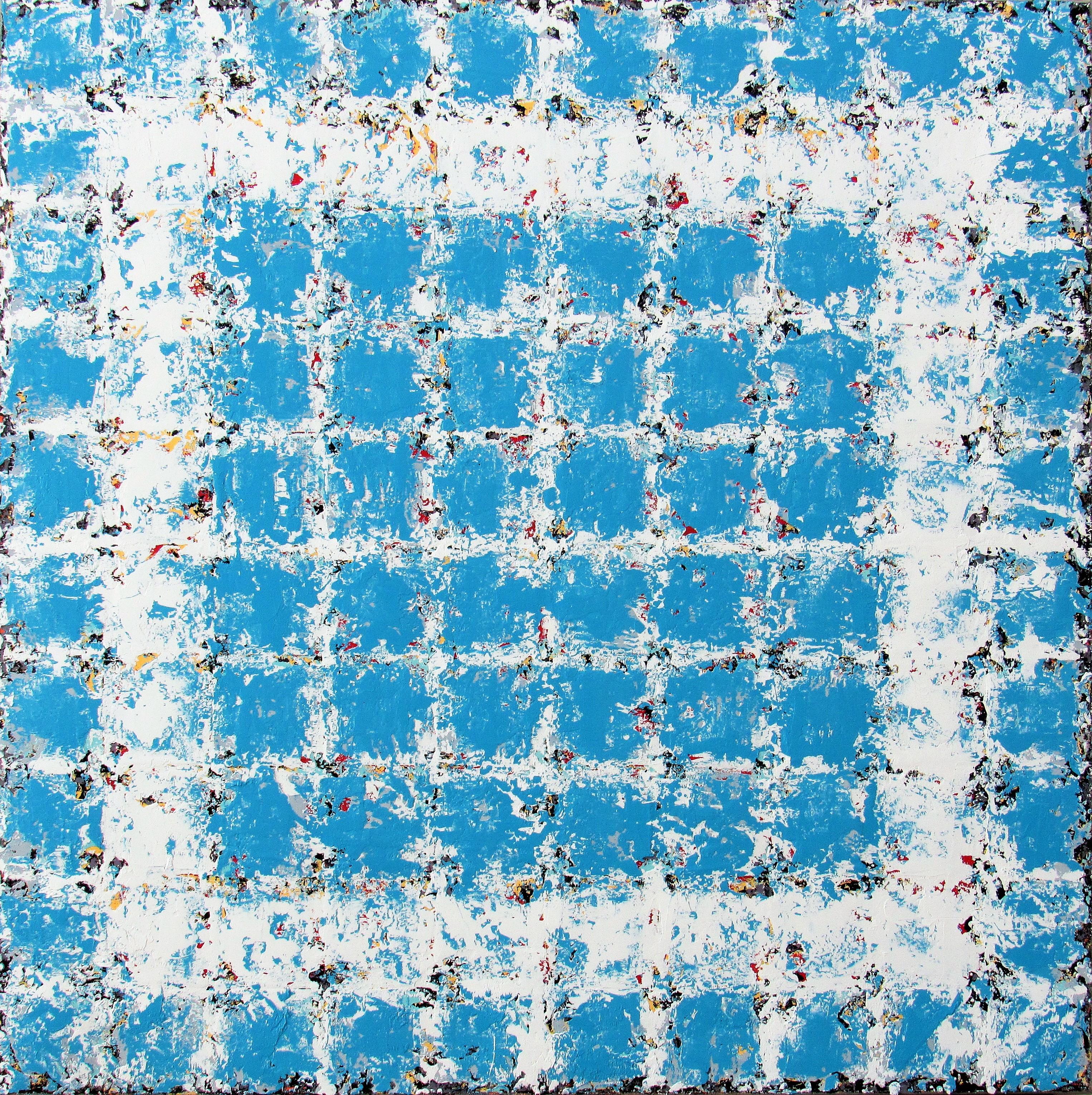 Abstract Painting de Brian Neish - Desapareciendo - Arte Abstracto Azul y Blanco / Cuadrado Geométrico: Óleo sobre Lienzo