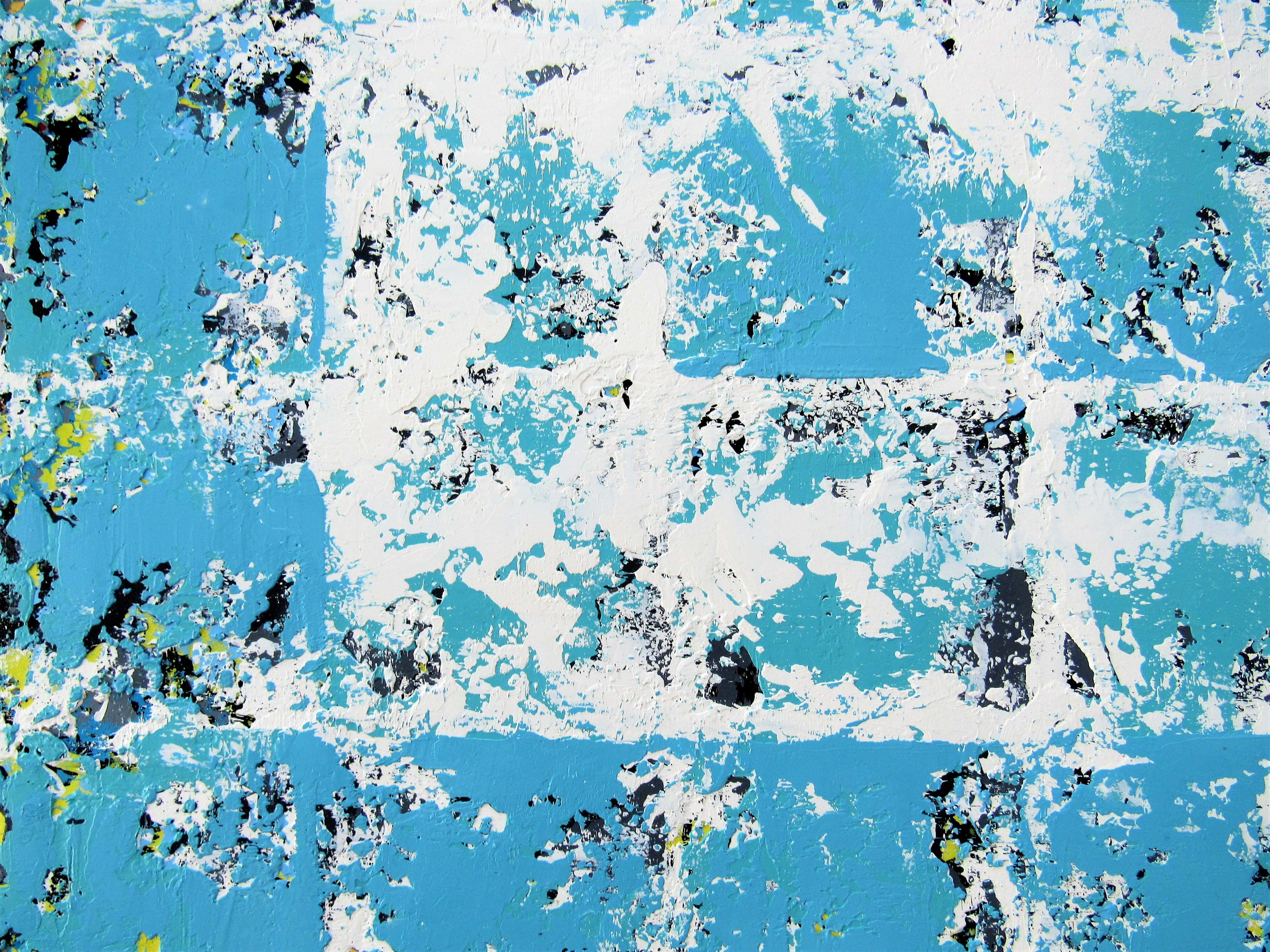 Wanderlust - Blue & White Abstract Art, Geometric Squares: Oil on Canvas - Painting by Brian Neish