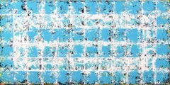 Wanderlust - Blue & White Abstract Art, Geometric Squares: Oil on Canvas