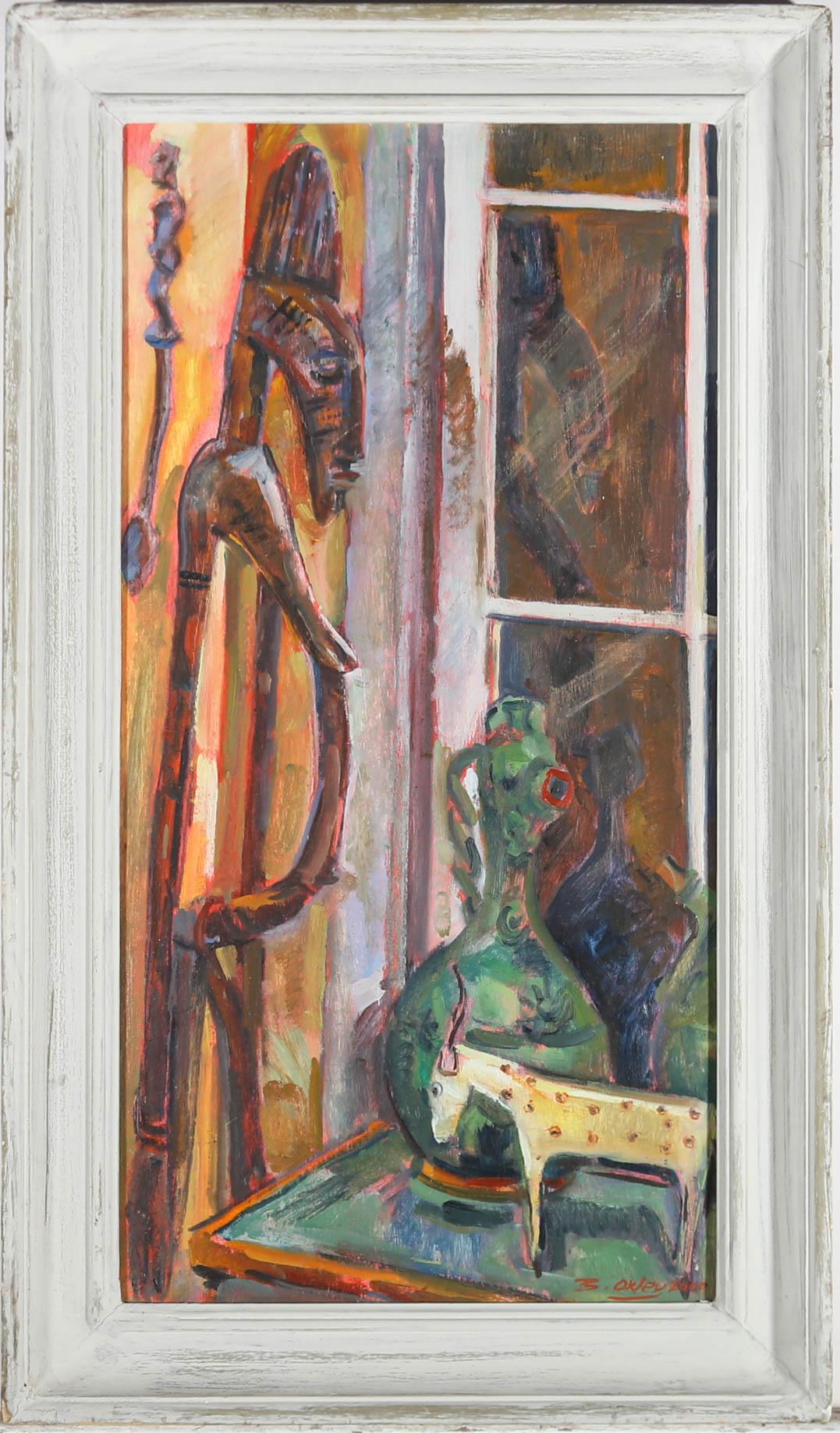 Une charmante nature morte représentant un assortiment d'objets indigènes placés sur un rebord de fenêtre. L'artiste capture la scène avec des couleurs vives et un style expressif, en accordant une attention particulière à la façon dont la lumière