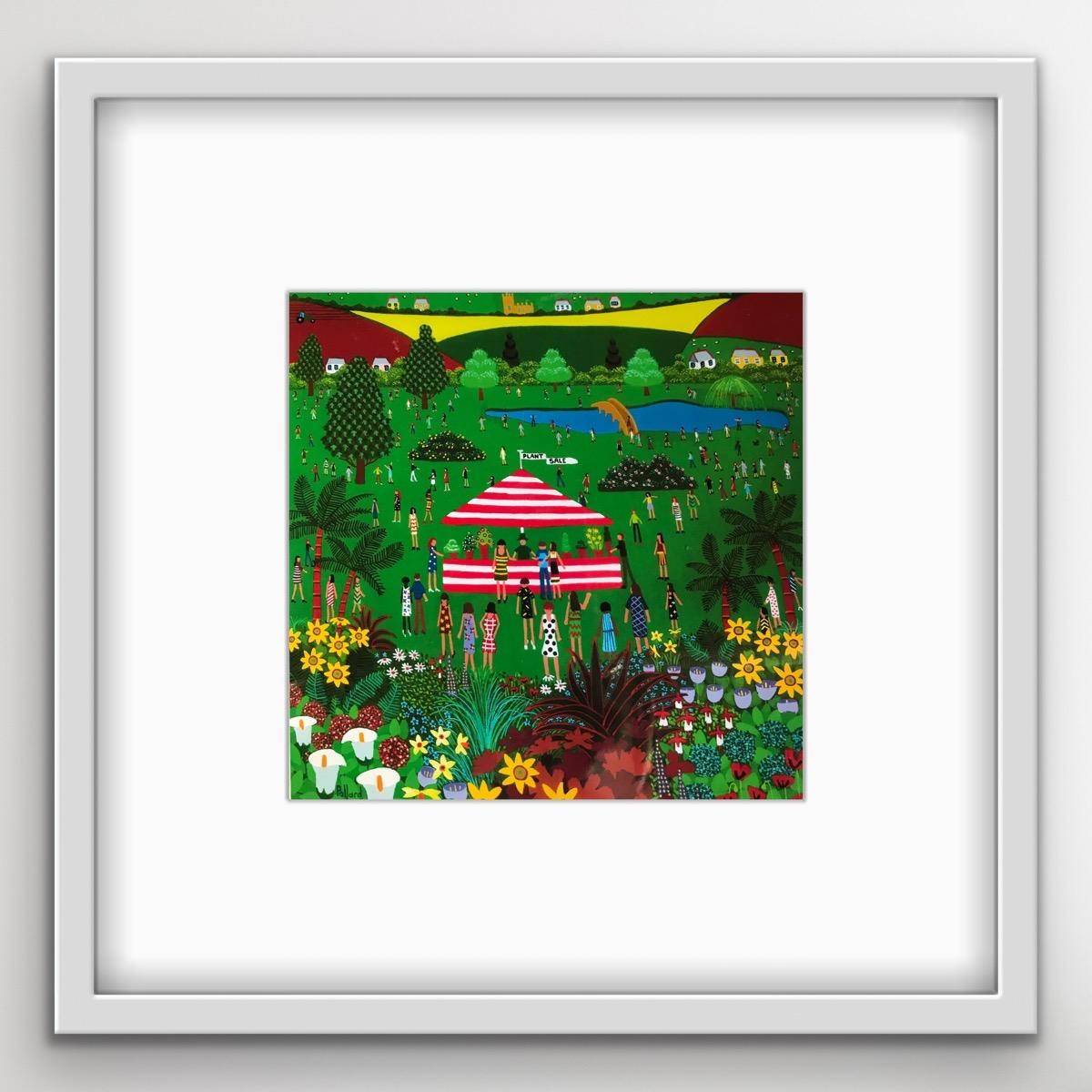 Garden Sale by Brian Pollard is a limited edition giclée print of the scene of a village plant sale. It In the distance, it features emblems of rural life,  such as a lake, bridge and church. It is a vibrant and colourful naïve artwork.

ADDITIONAL