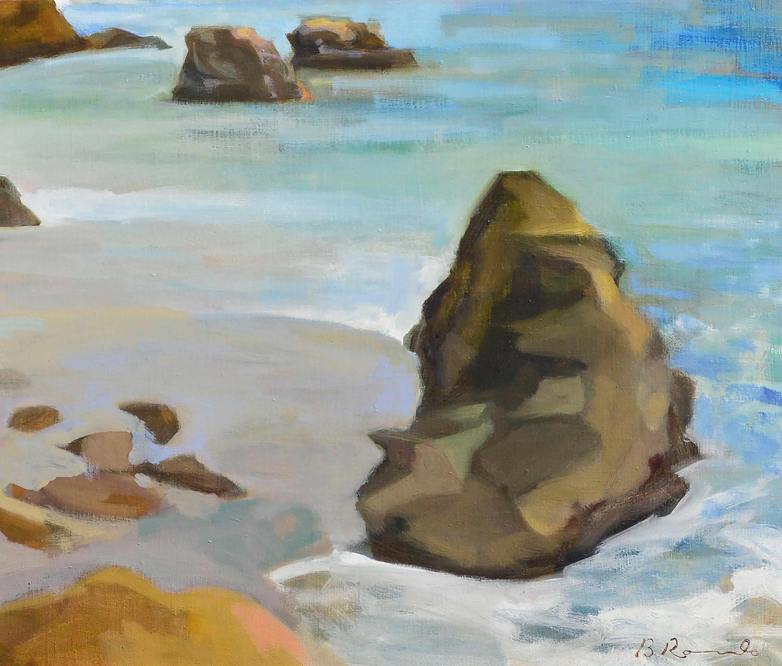 Plein air landscape in oil of rocks along the California coast at West Cliff Drive in beautiful Santa Cruz, California, by Brian Rounds (American, b. 1968). Signed 