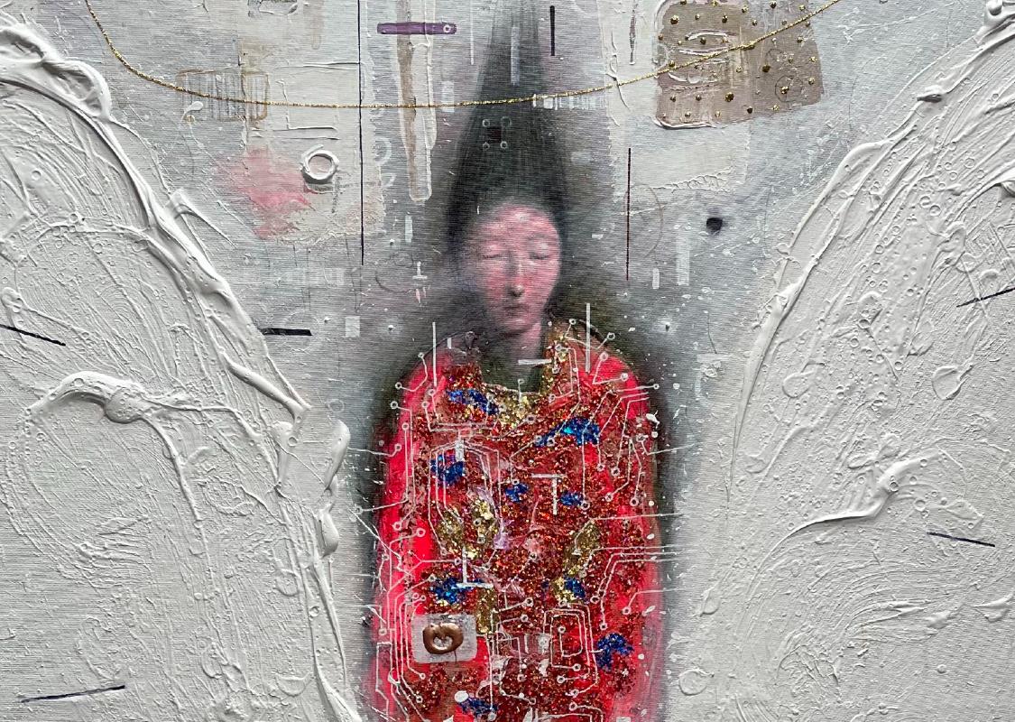Automazione di un angelo II  Iperrealismo Tecnica mista Surreale  Arte cubana moderna - Figurative Painting Oro di Brian Sanchez
