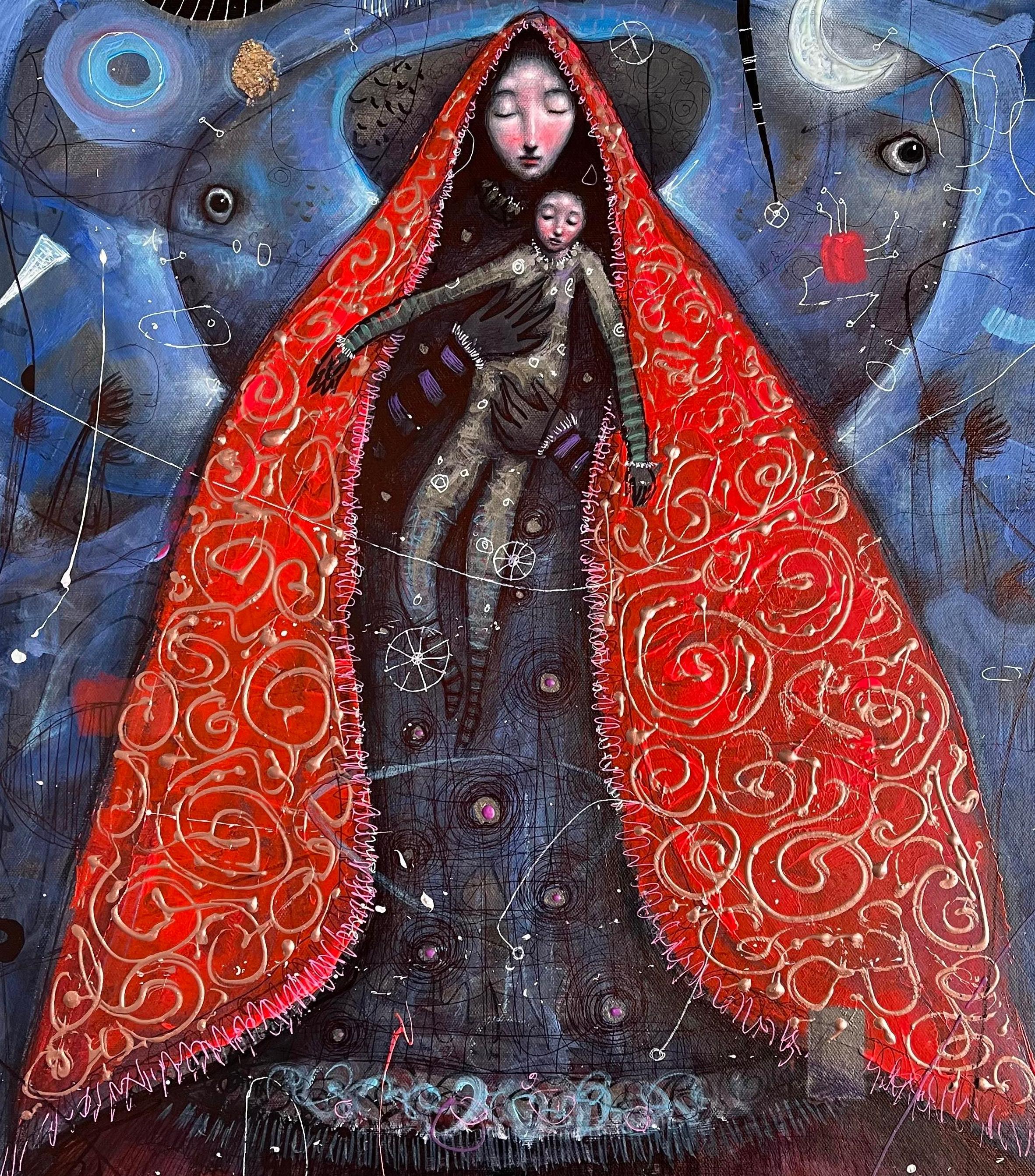 La Virgen y el Niño, Óleo, Técnica mixta, Hiperrealismo, Arte Cubano Moderno,  Surrealista en venta 1