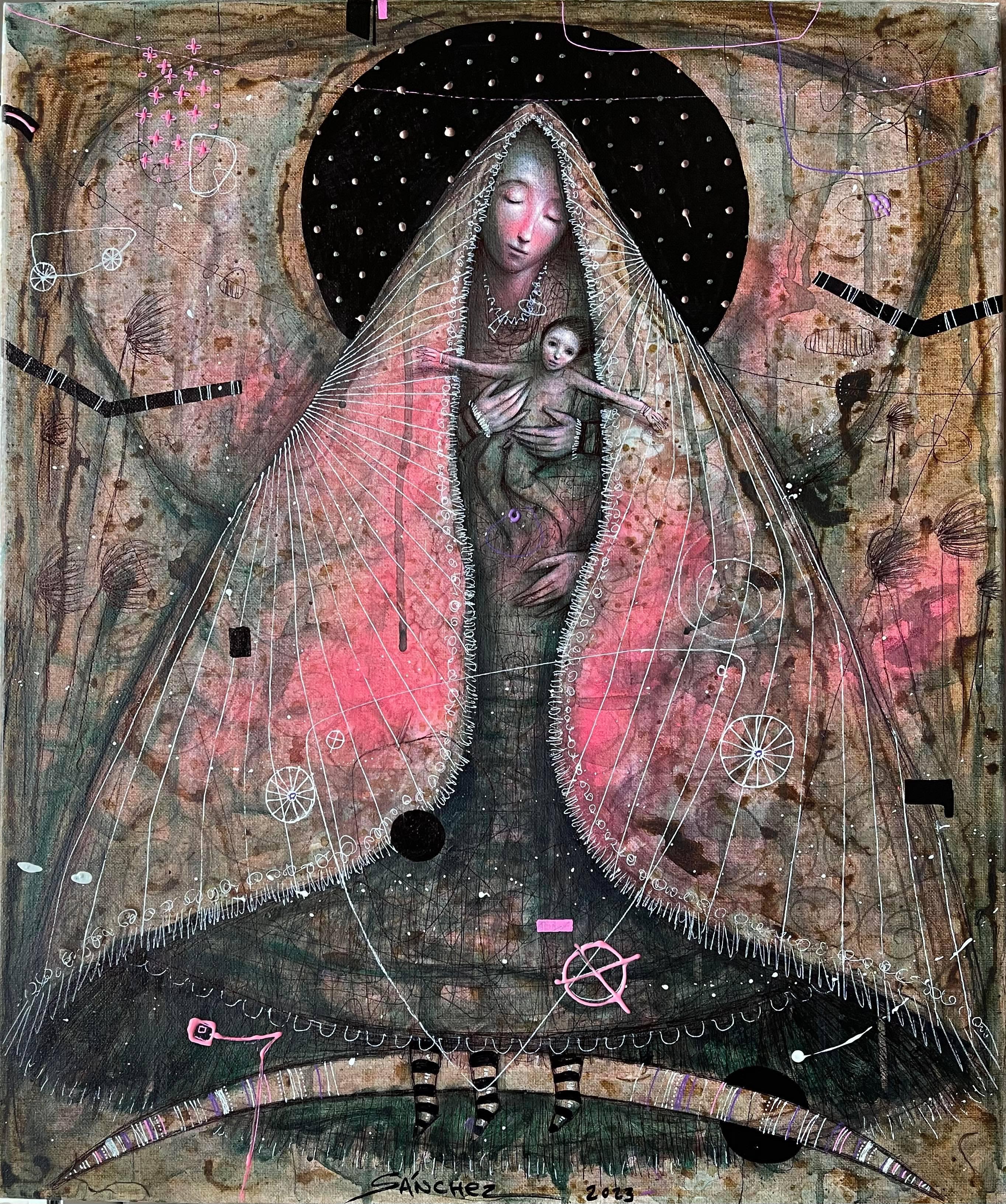 LOOK FOR FREE SHIPPING AT CHECKOUT.

The Virgin and Child - La Virgen y Nino was recently painted by the Cuban artist Brian Sanchez in 2023. It is oil and mixed media on linen  .  The Virgin and Child - La Virgen y Nino  by Brian Sanchez shows  the