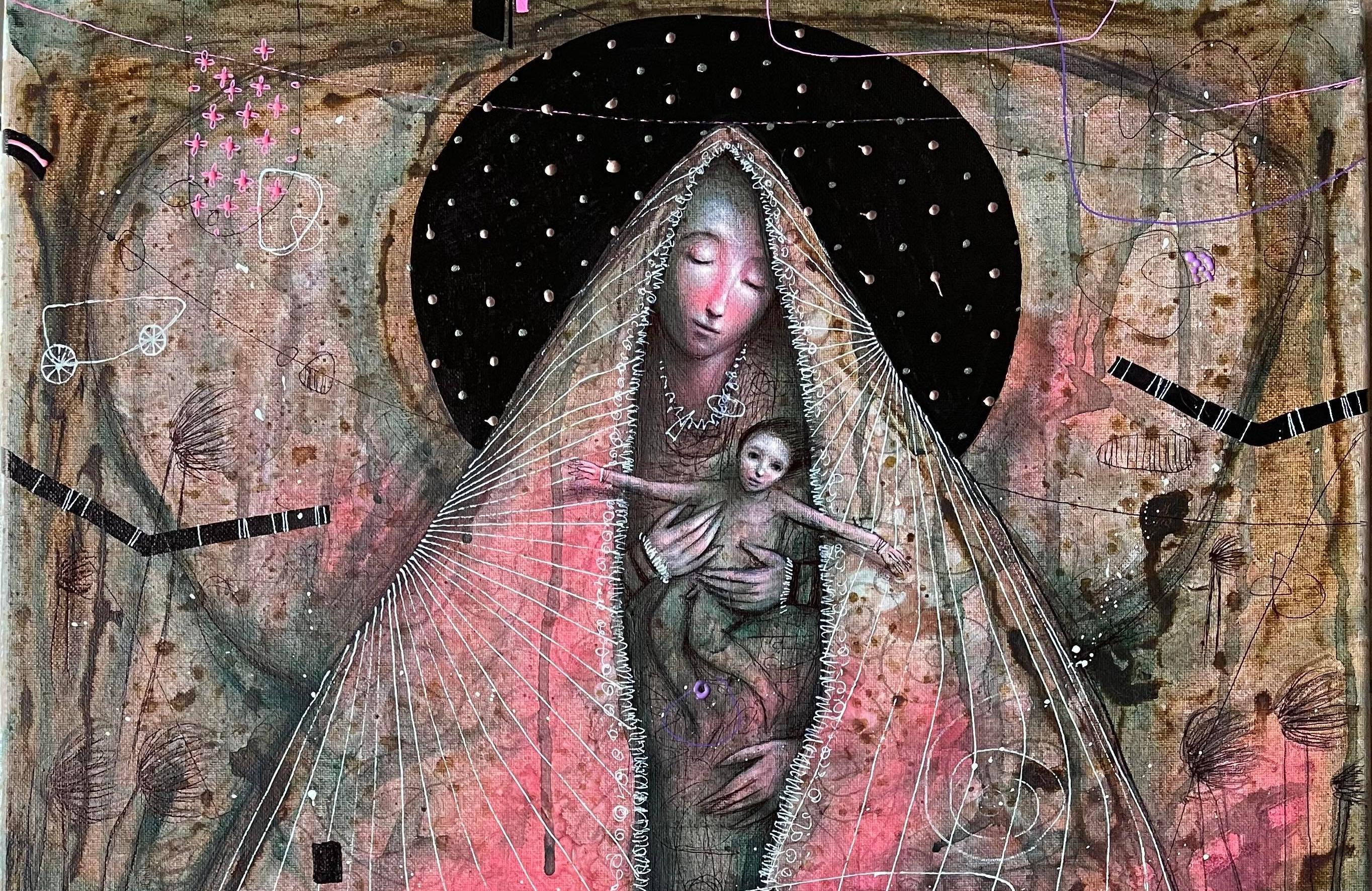 The Virgen & die mechanische Creed, Öl, Mixed Media, Hyperrealismus,  Kubanische Kunst,  (Surrealismus), Mixed Media Art, von Brian Sanchez