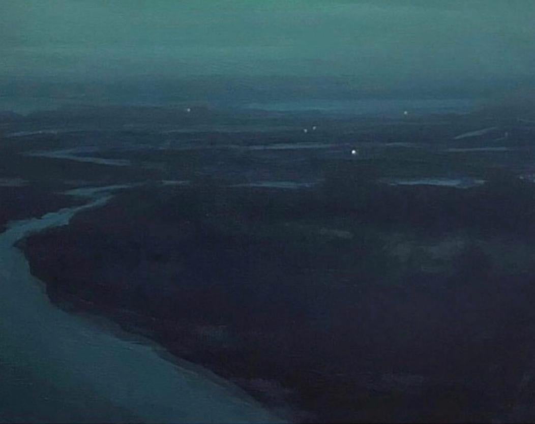 This piece is an original acrylic on panel painting. Depicting an arial view of a river snaking through a city at night, it has an ethereal beauty. 

Brian Sindler was born in Chicago in 1957. He received a bachelor of arts from Columbia College in