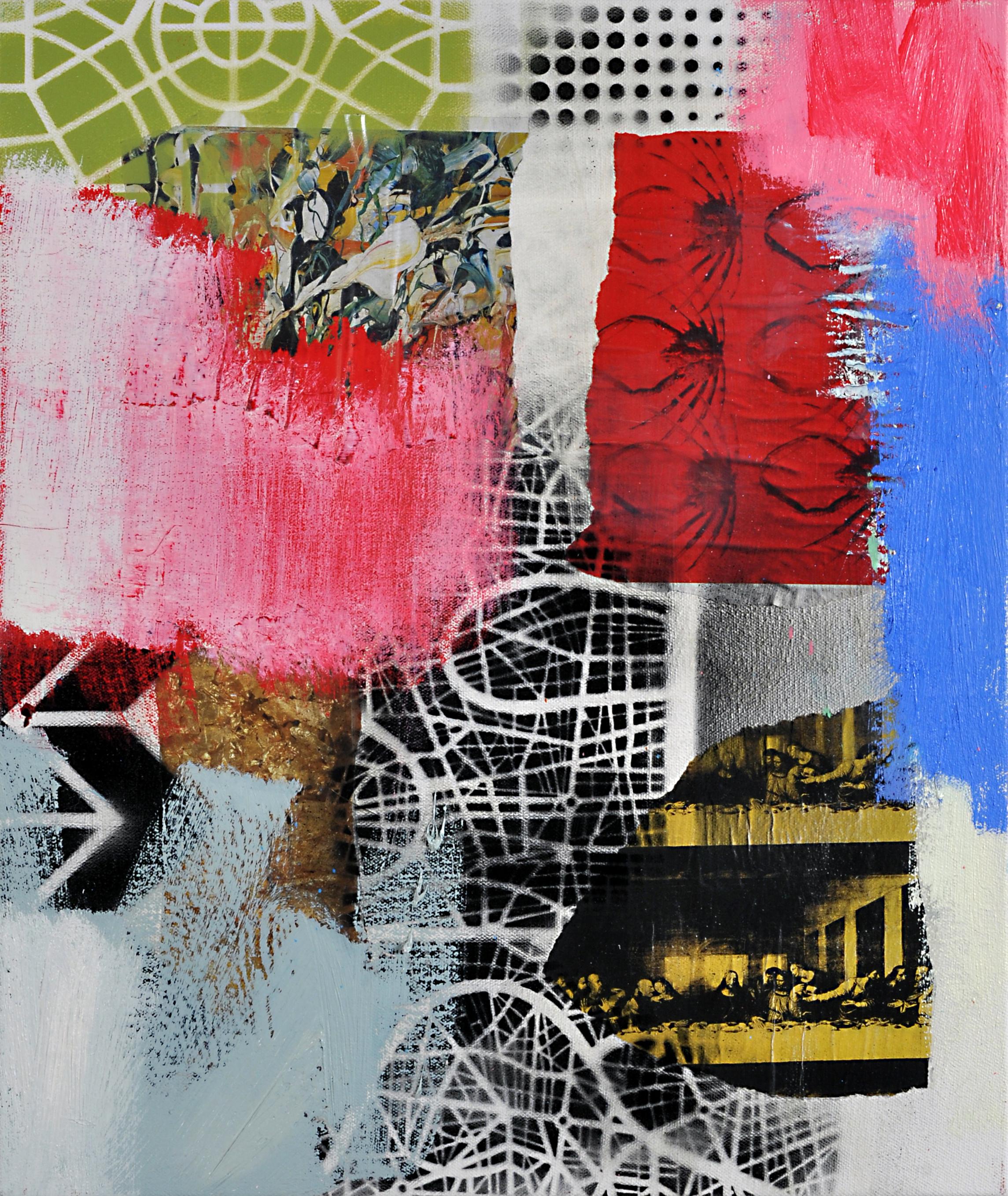 Contemporary Abstract Oil Painting with Collage on Canvas, Framed Mixed Media - Gray Abstract Painting by Brian Smith
