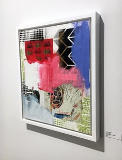 Contemporary Abstract Oil Painting with Collage on Canvas, Framed Mixed Media