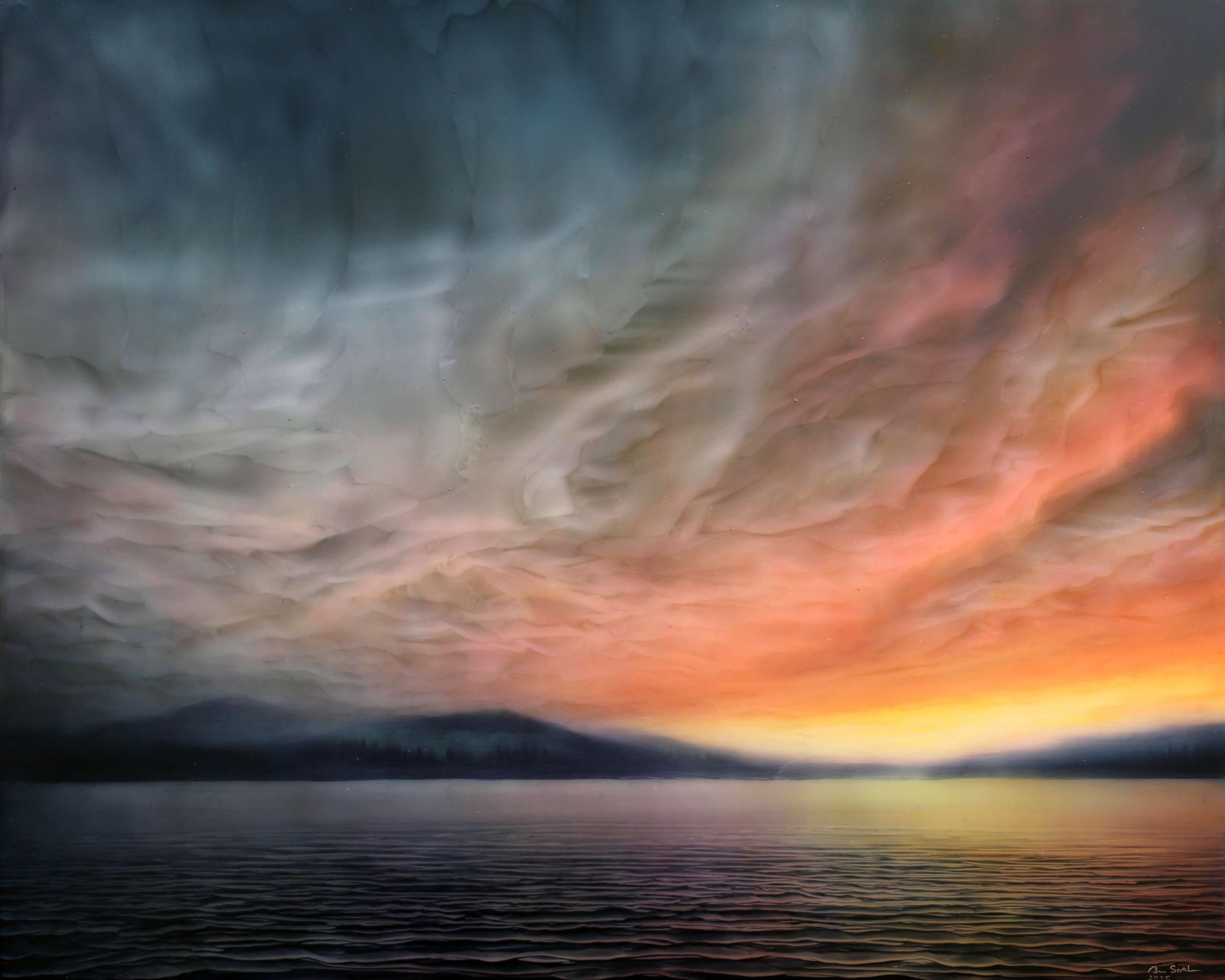 "Afterburn" (2025) von Brian Sostrom ist ein handgefertigtes Original-Acrylgemälde, das einen See mit einem brillanten Sonnenuntergang zeigt. 

Brian Sostrom wuchs in kleinen ländlichen Städten im pazifischen Nordwesten auf. Sein Vater war Ingenieur