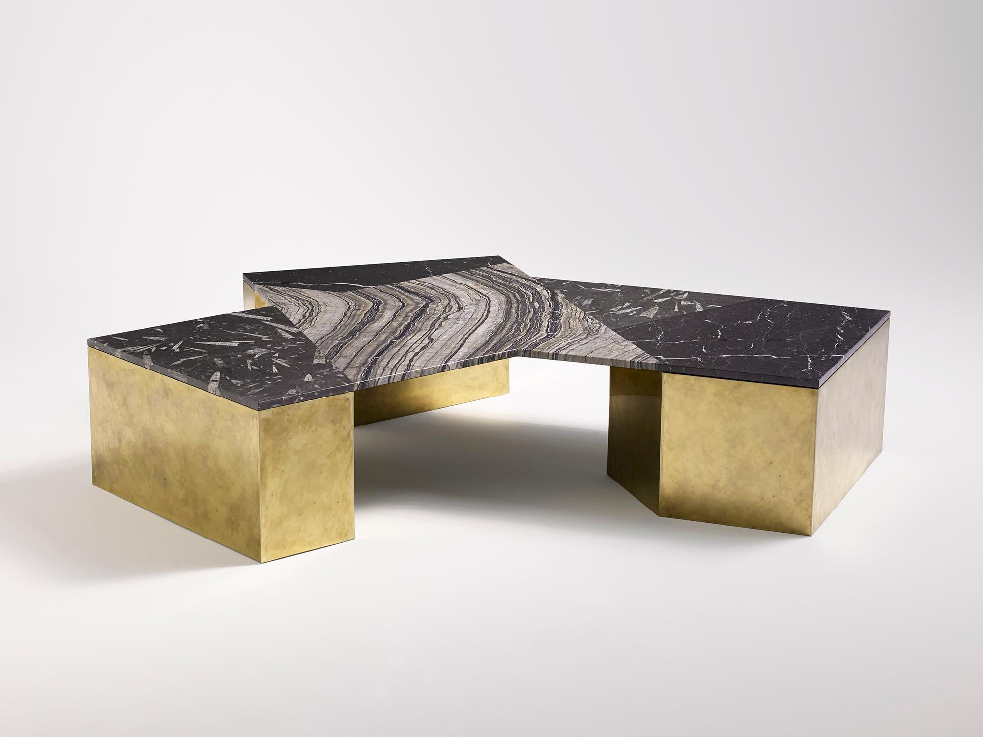 Modern Brian Thoreen Black Mixed Marble and Brass Coffee Table For Sale