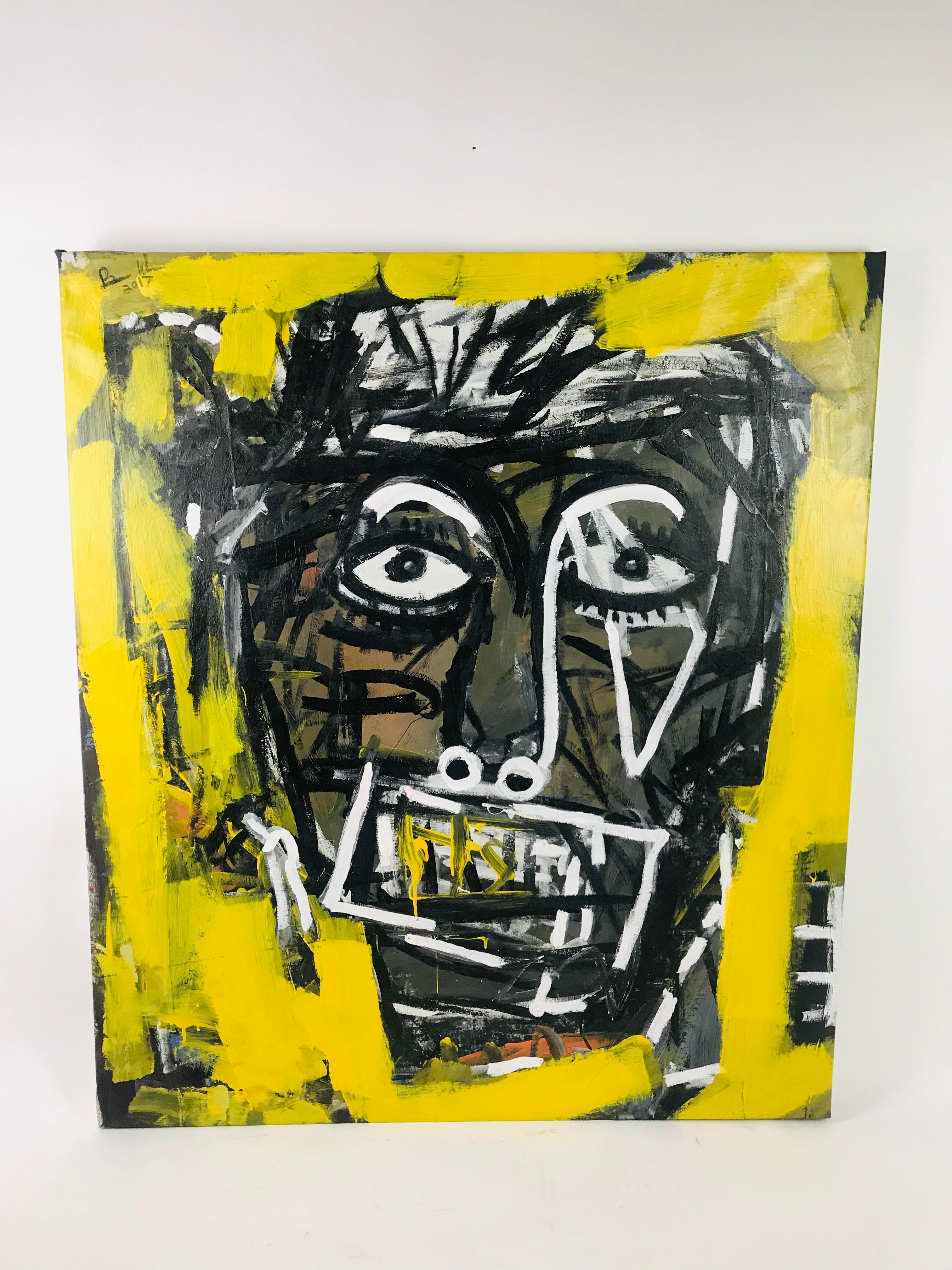 Striking street art style abstract of man in yellow and black acrylic on canvas by local Boston artist Brian Whalen signed and dated 2017 upper right.
Condition: Good condition. Unframed
Dimensions:
Height 46