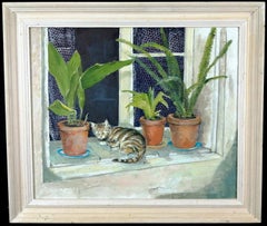 Cat on a Window Sill - 20th Century English Still Life Animal Oil Painting