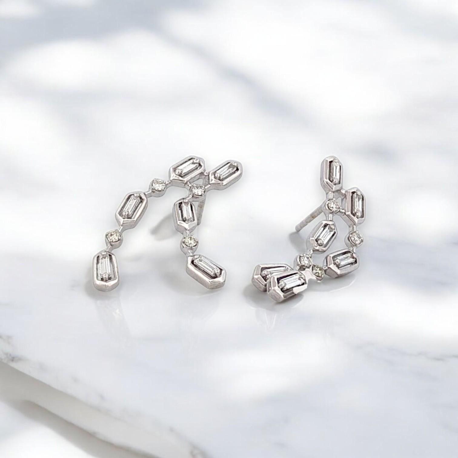 Artisan Brianna Modern White Gold Earrings with .12 CTW Natural Baguette Diamonds For Sale