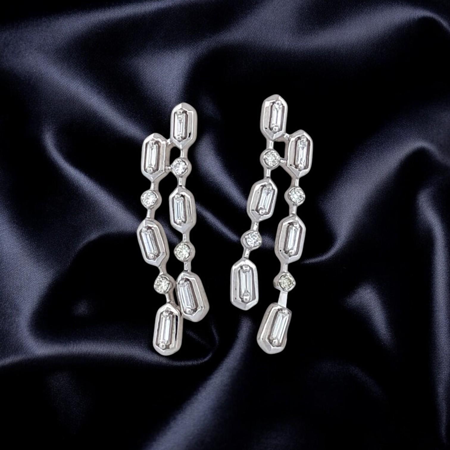 Emerald Cut Brianna Modern White Gold Earrings with .12 CTW Natural Baguette Diamonds For Sale