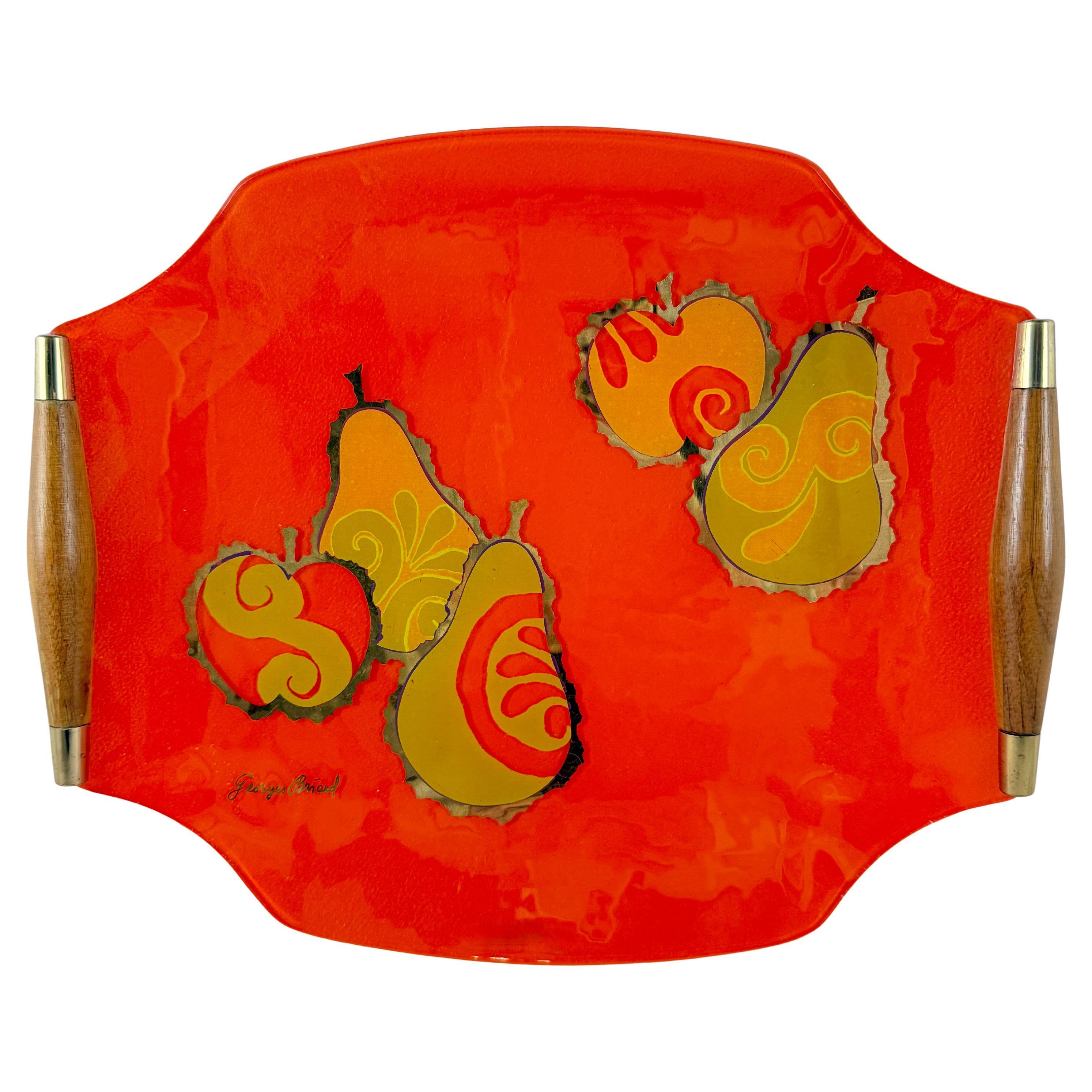 Briard Mandarin Orange Pageant Fruit Glass & Wood Tray, 1964