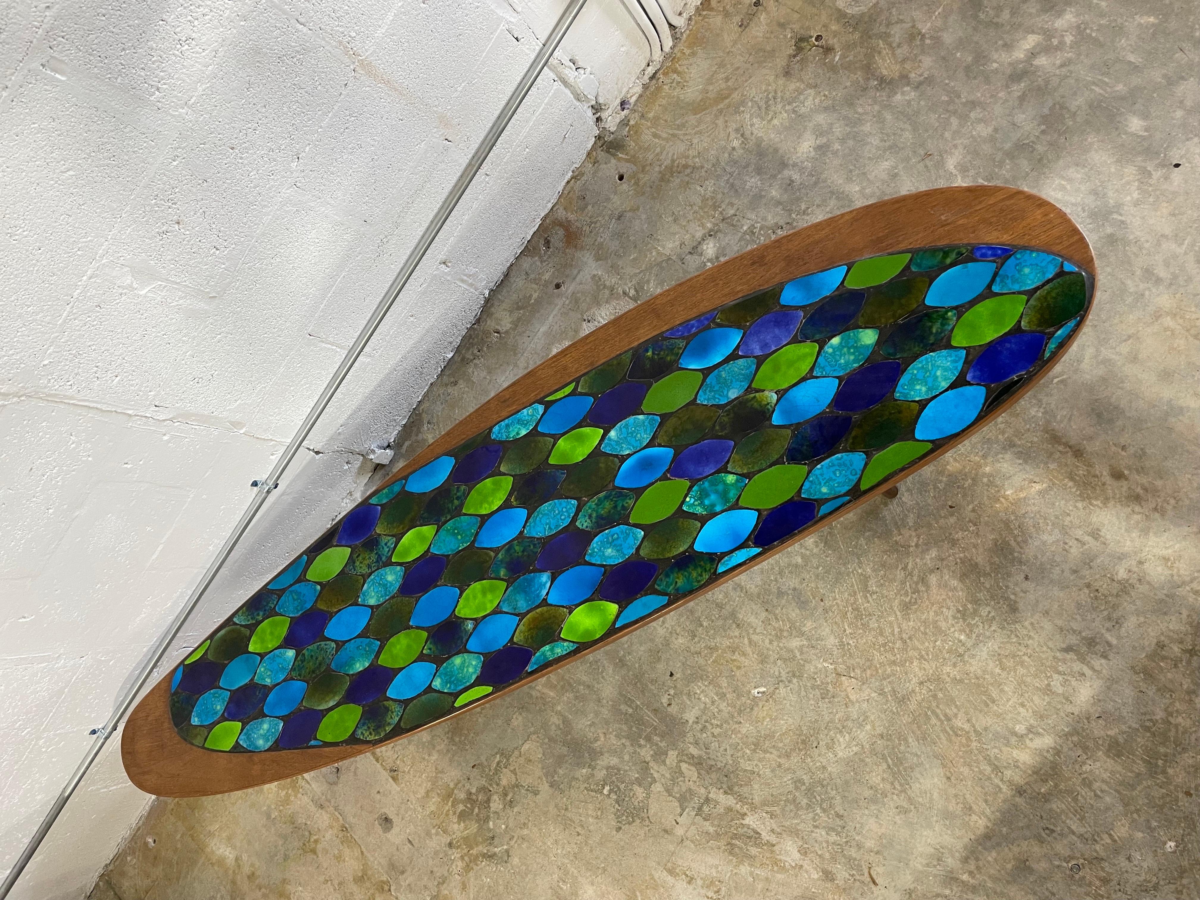 Briard Martz Style Mid Century Surfboard Coffee Table Ceramic Tile Inlaid 2