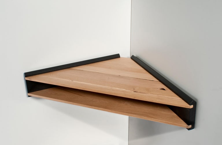 Minimalist Briccola-ge, Corner Desk or Shelf in solid Oak and Red lacquered brackets For Sale