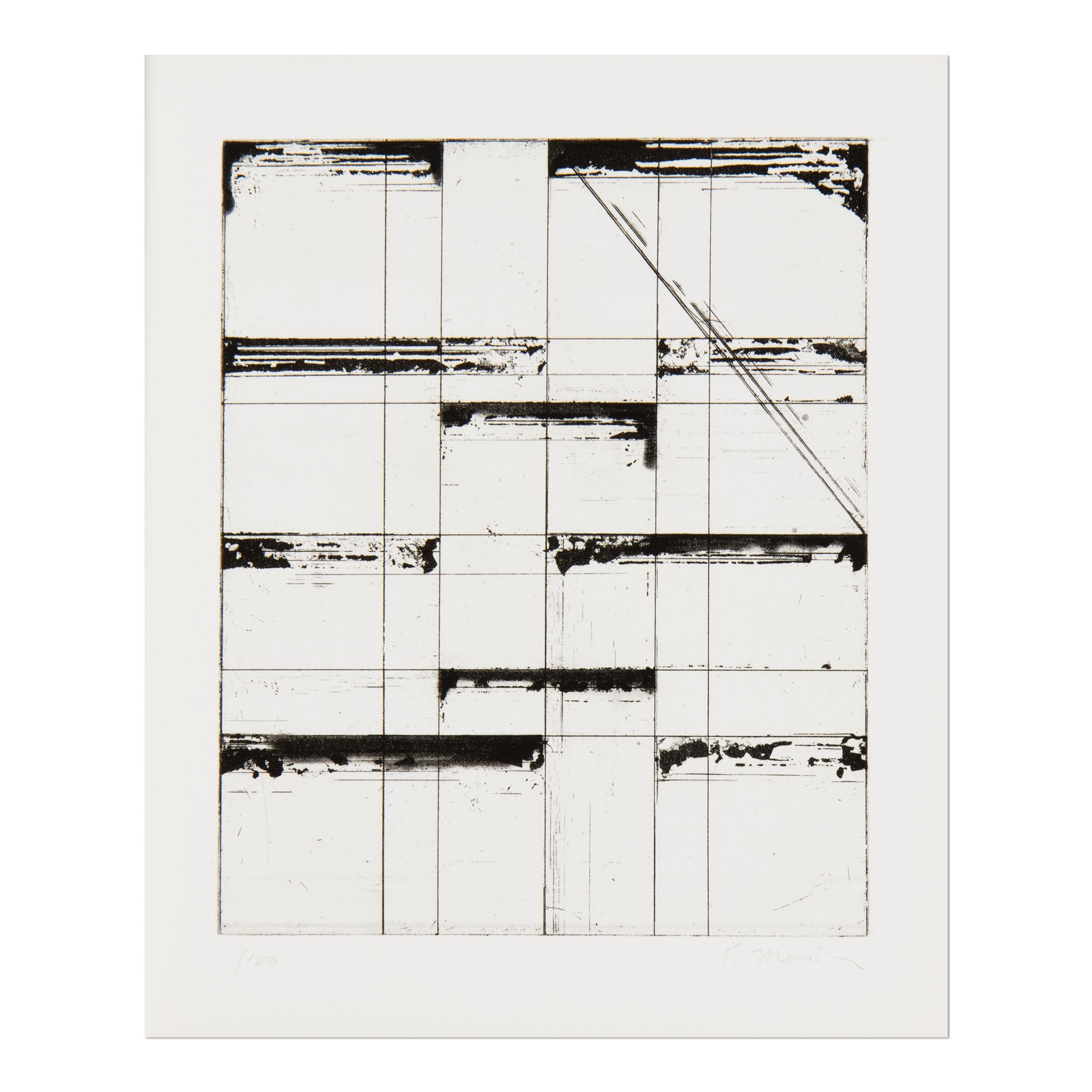 Brice Marden (American, b. 1938)
Etching for Parkett, 1986
Medium: Sugar lift and aquatint on Rives BFK, bound in Parkett journal no. 7
Dimensions: 25.5 x 21 cm
Edition of 100: Hand-signed and numbered in pencil
Printer: Jennifer Melby Editions, New