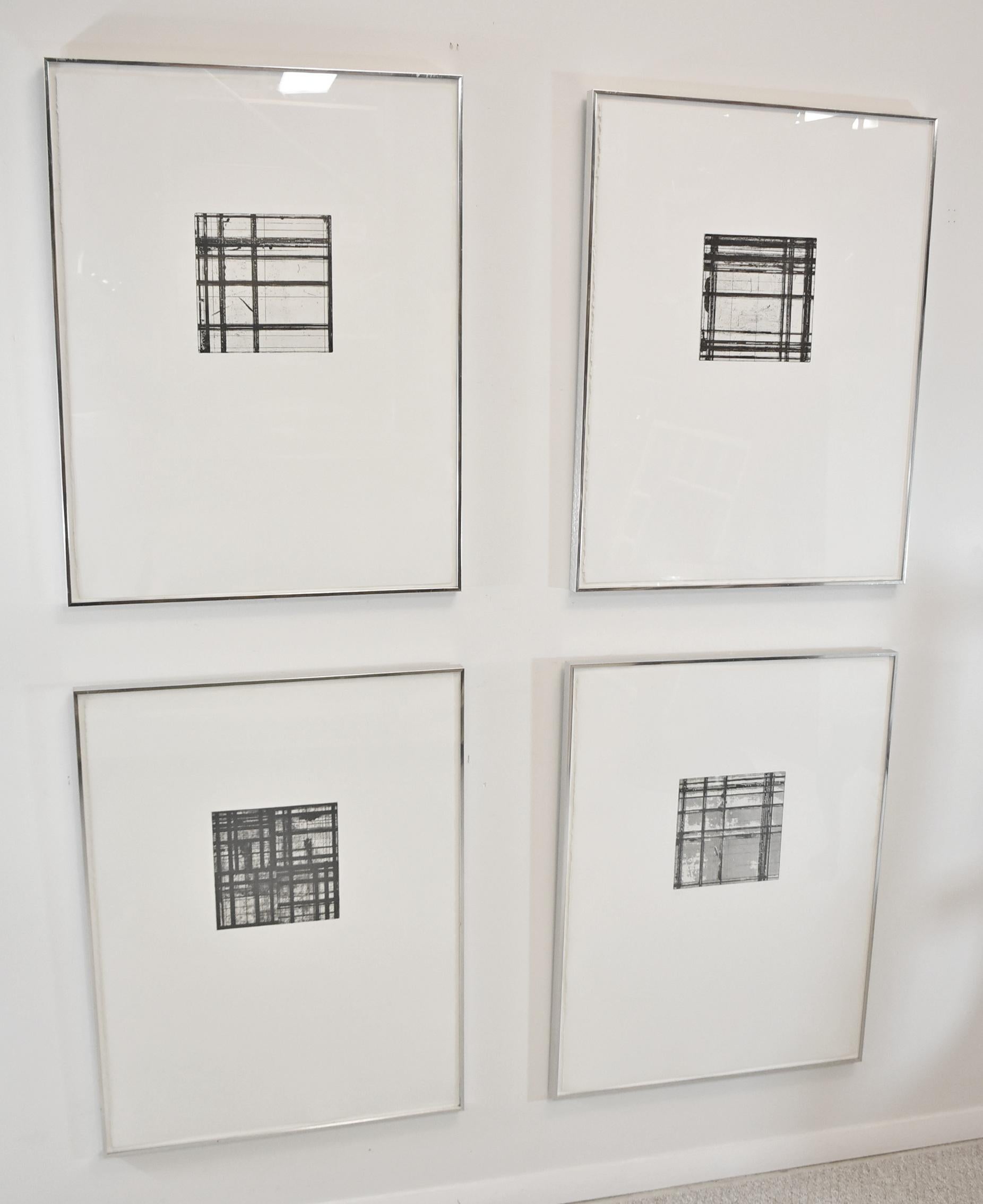 Brice Marden tile set of 4, Circa 1979. Four framed Etchings with Aquatint on Somerset Satin Paper. All tiles are signed and numbered from an edition of 50 published by Parasol Press, LTD, New York. The Art has been vetted by 1st Dibbs and