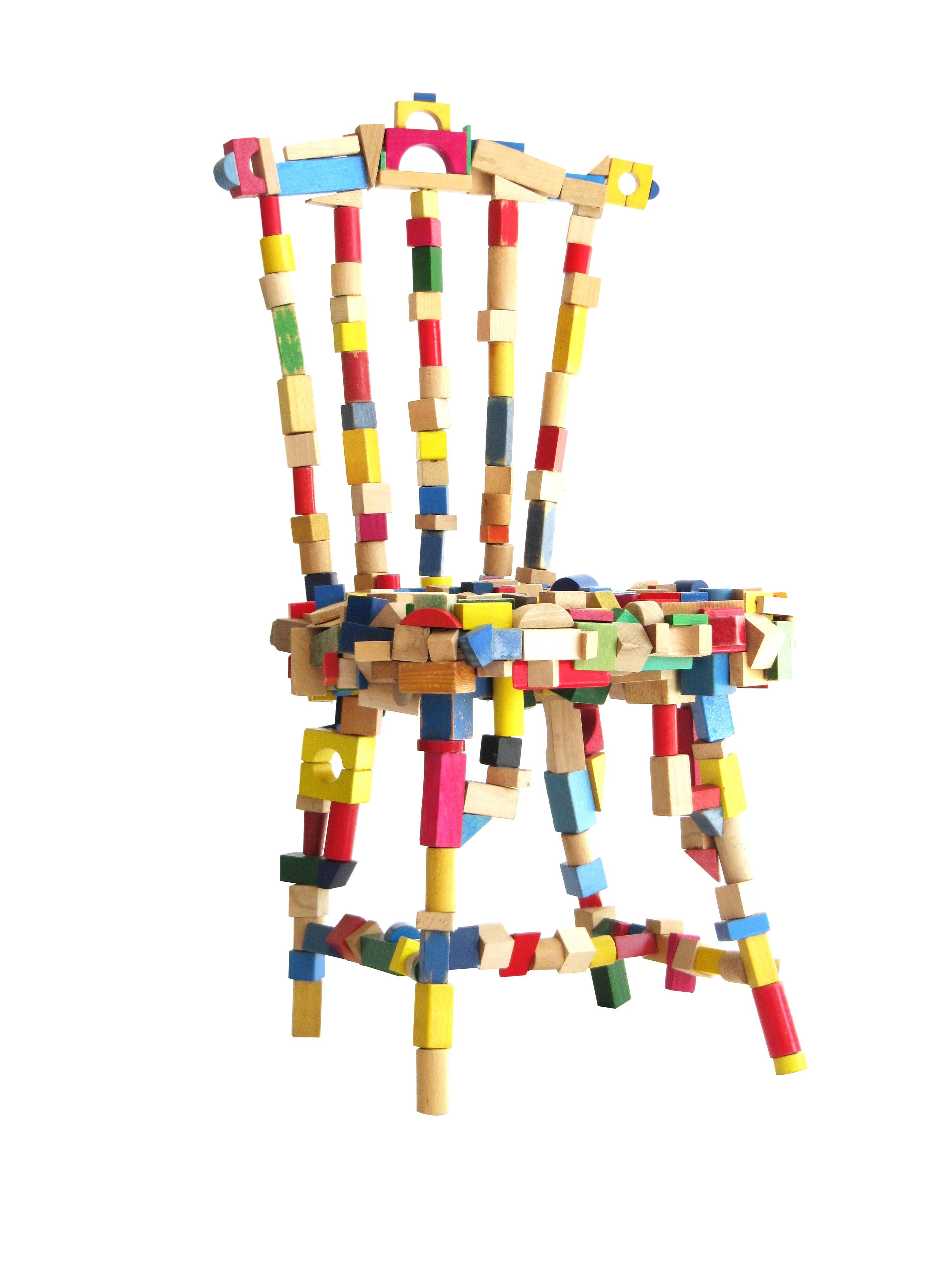This chair and chandelier that look like a child had dreamt them up, are playful iterations of the most humble and the most grandiose pieces of furniture in existence. The toy bricks were collected from various goodwill stores; owing to their steel
