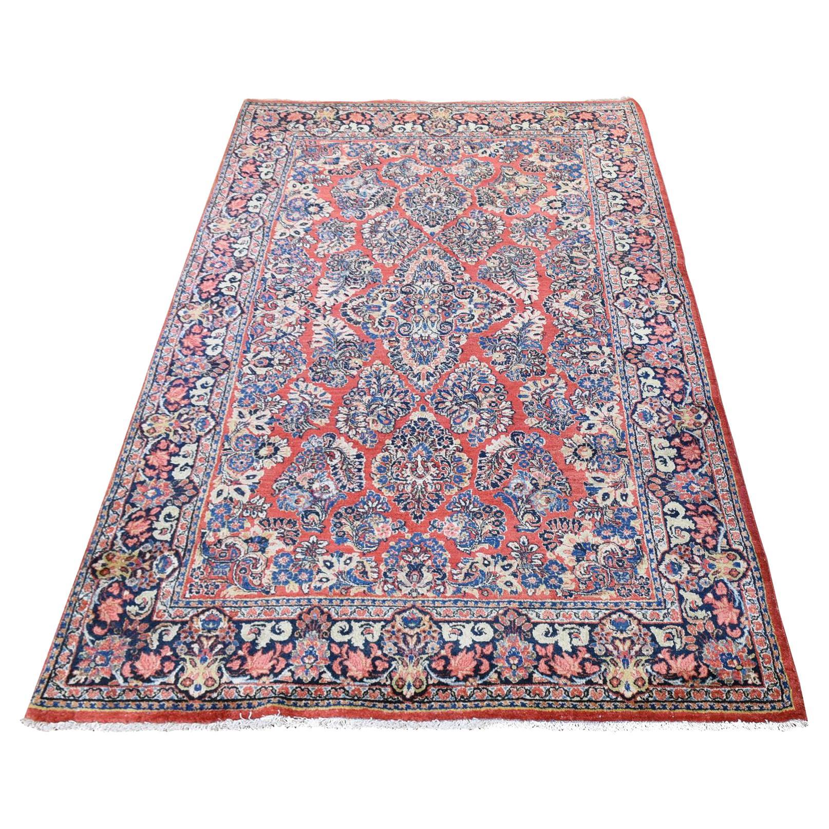 Brick Red Antique Persian Sarouk Full Pile Clean and Soft, Hand Knotted Wool Rug For Sale