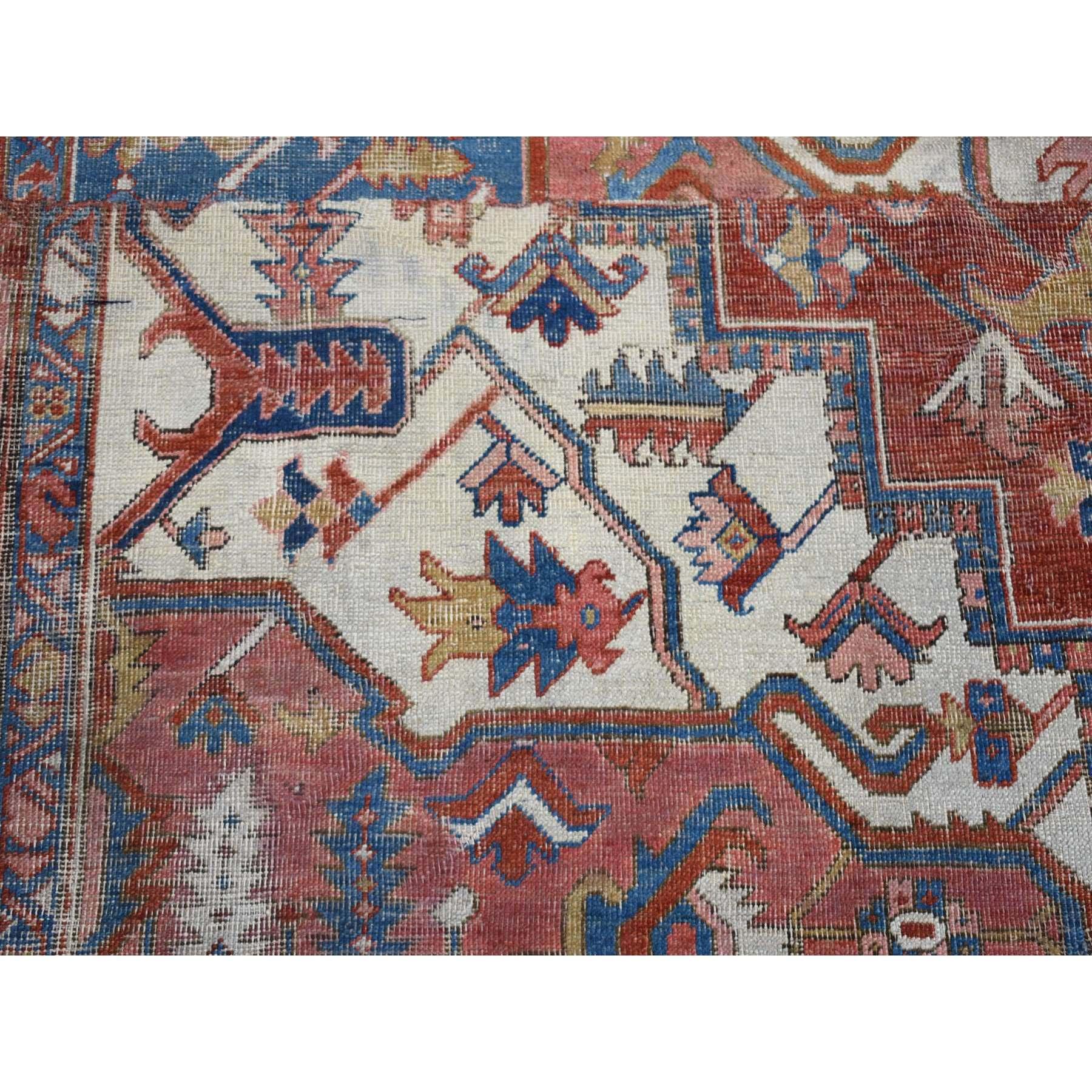 Medieval Brick Red, Antique Persian Serapi Fragment, Soft Wool Hand Knotted, Square Rug For Sale