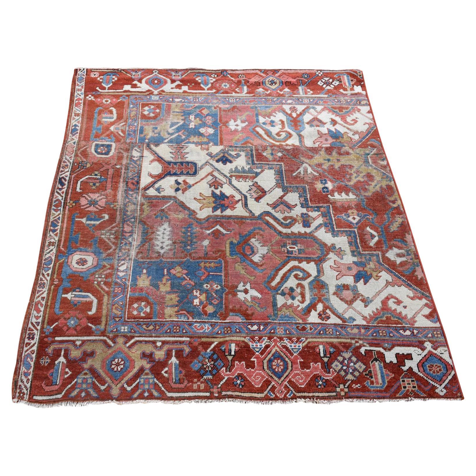 Brick Red, Antique Persian Serapi Fragment, Soft Wool Hand Knotted, Square Rug For Sale