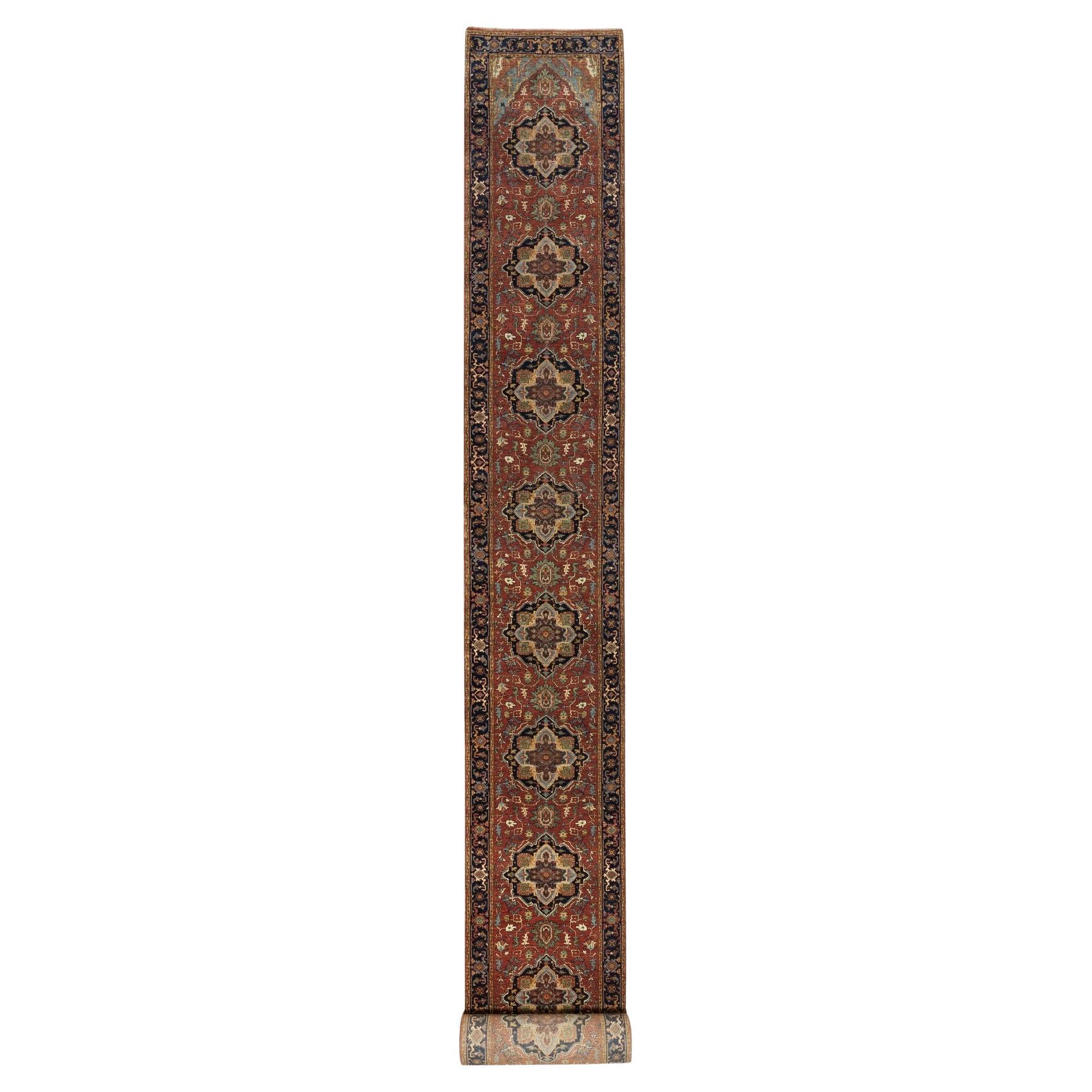 Rojo Ladrillo Anudada a Mano Antiqued Fine Heriz Re-Creation Alfombra de Lana para Correr 2'7 "x28'