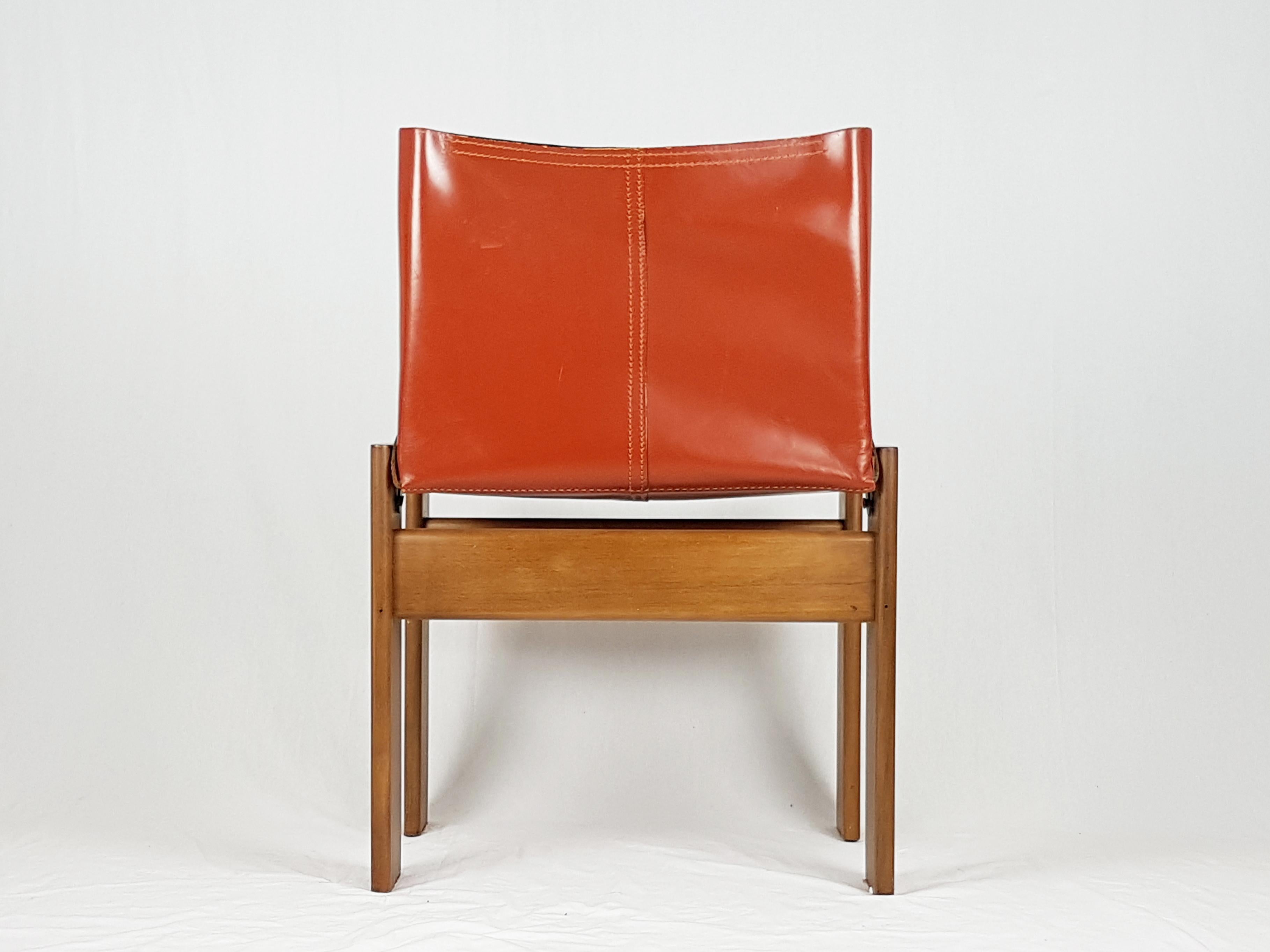 Brick Red leather and Walnut 1974 Monk Chair by Afra e Tobia Scarpa for Molteni 1