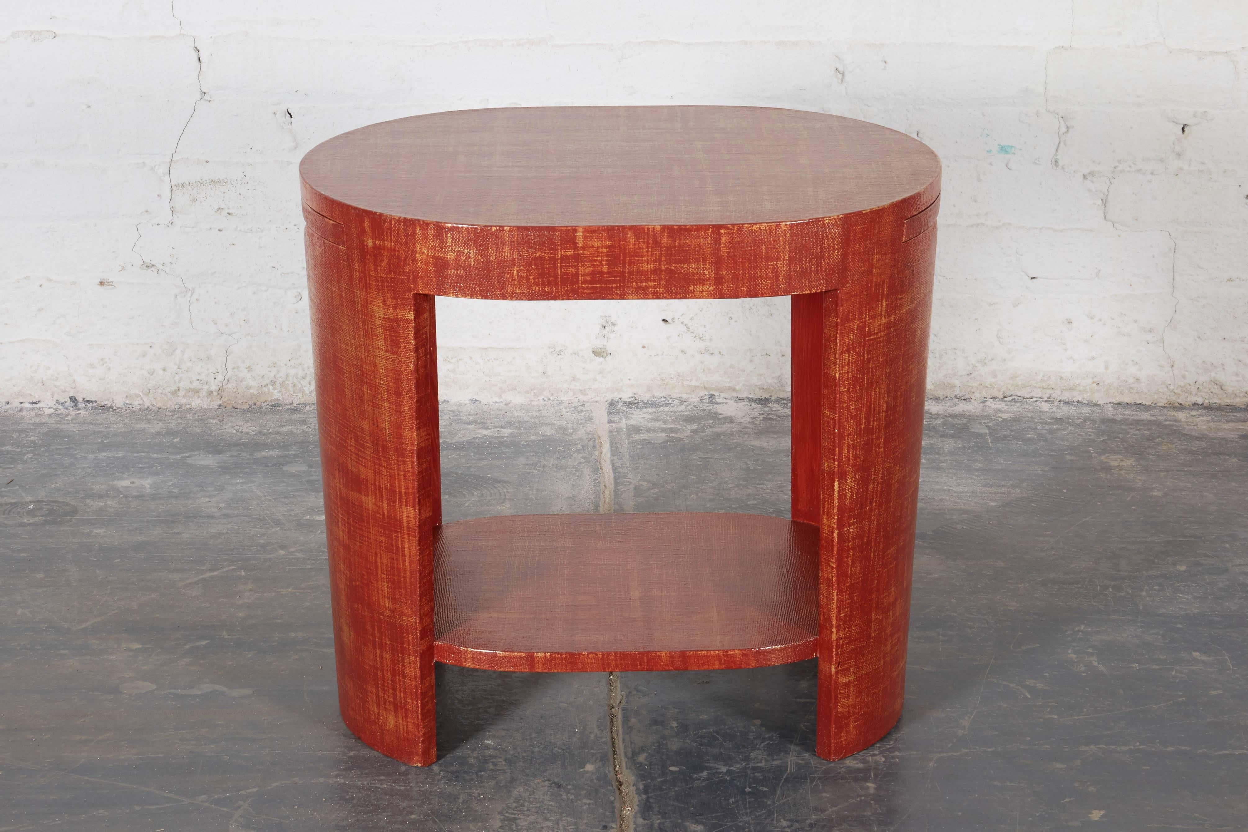 Post-Modern Brick Red Linen-Wrapped Oval End Tables