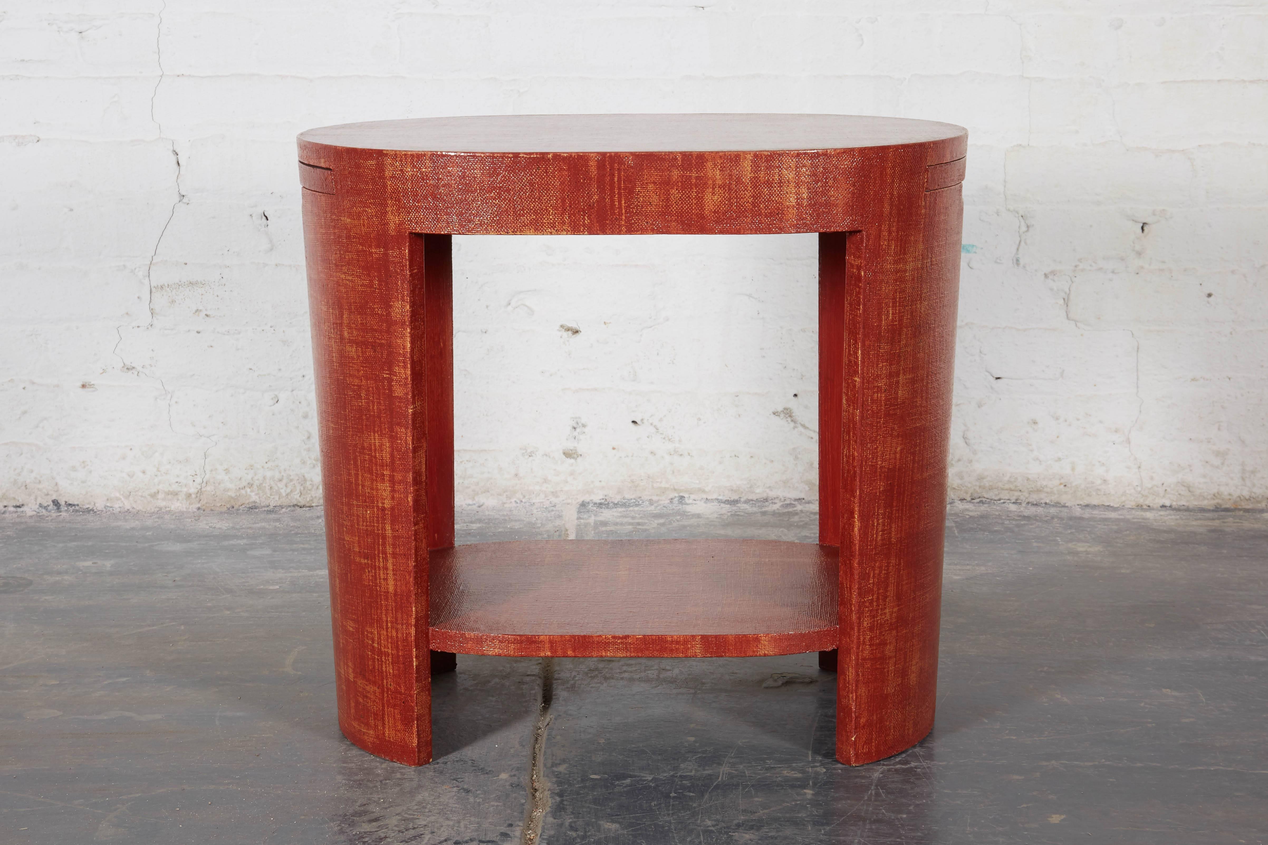 Contemporary Brick Red Linen-Wrapped Oval End Tables