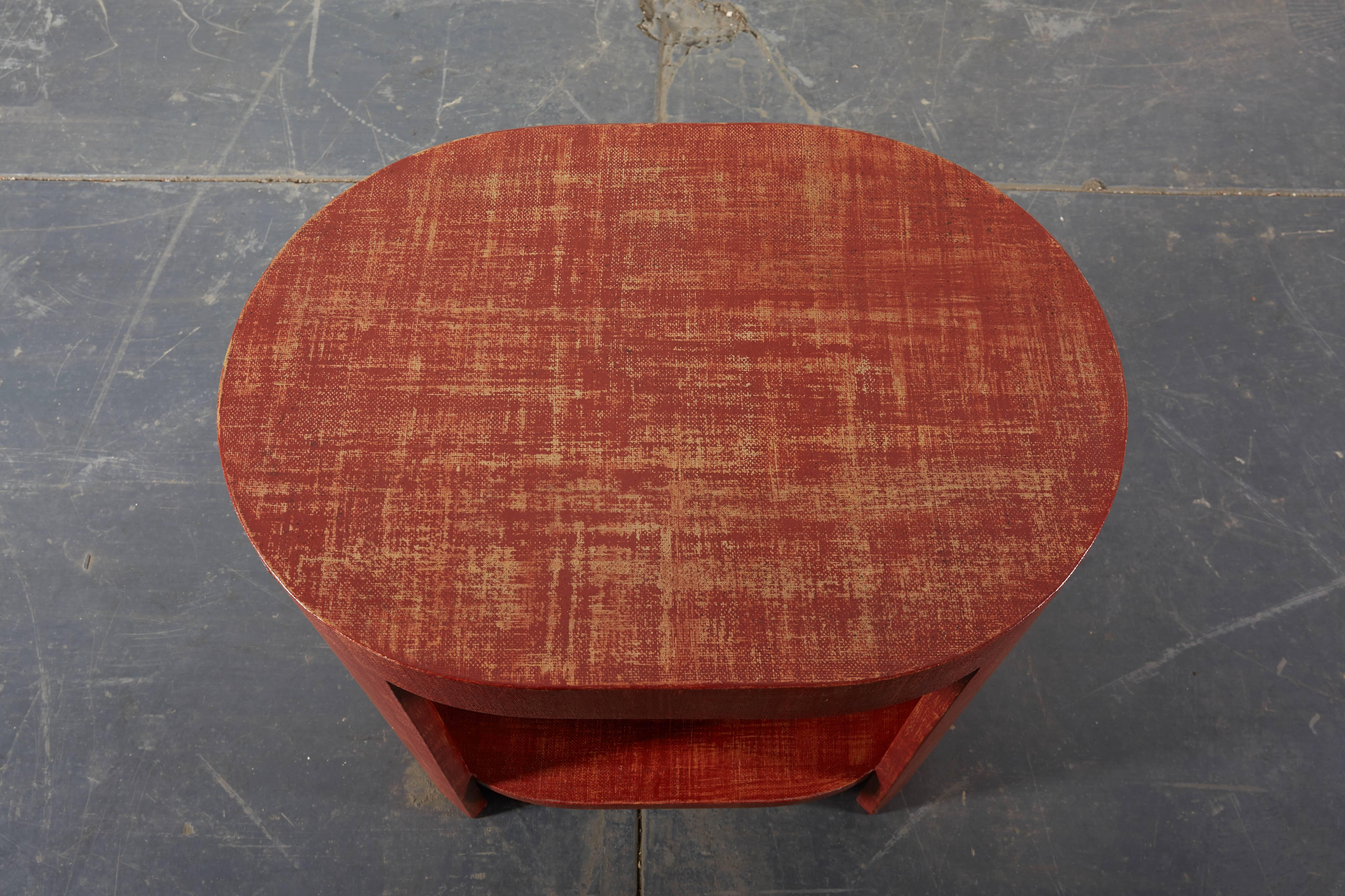 Brick Red Linen-Wrapped Oval End Tables 1
