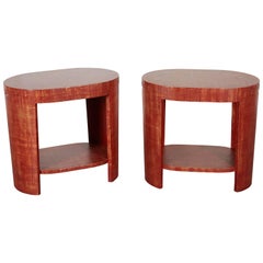 Brick Red Linen-Wrapped Oval End Tables