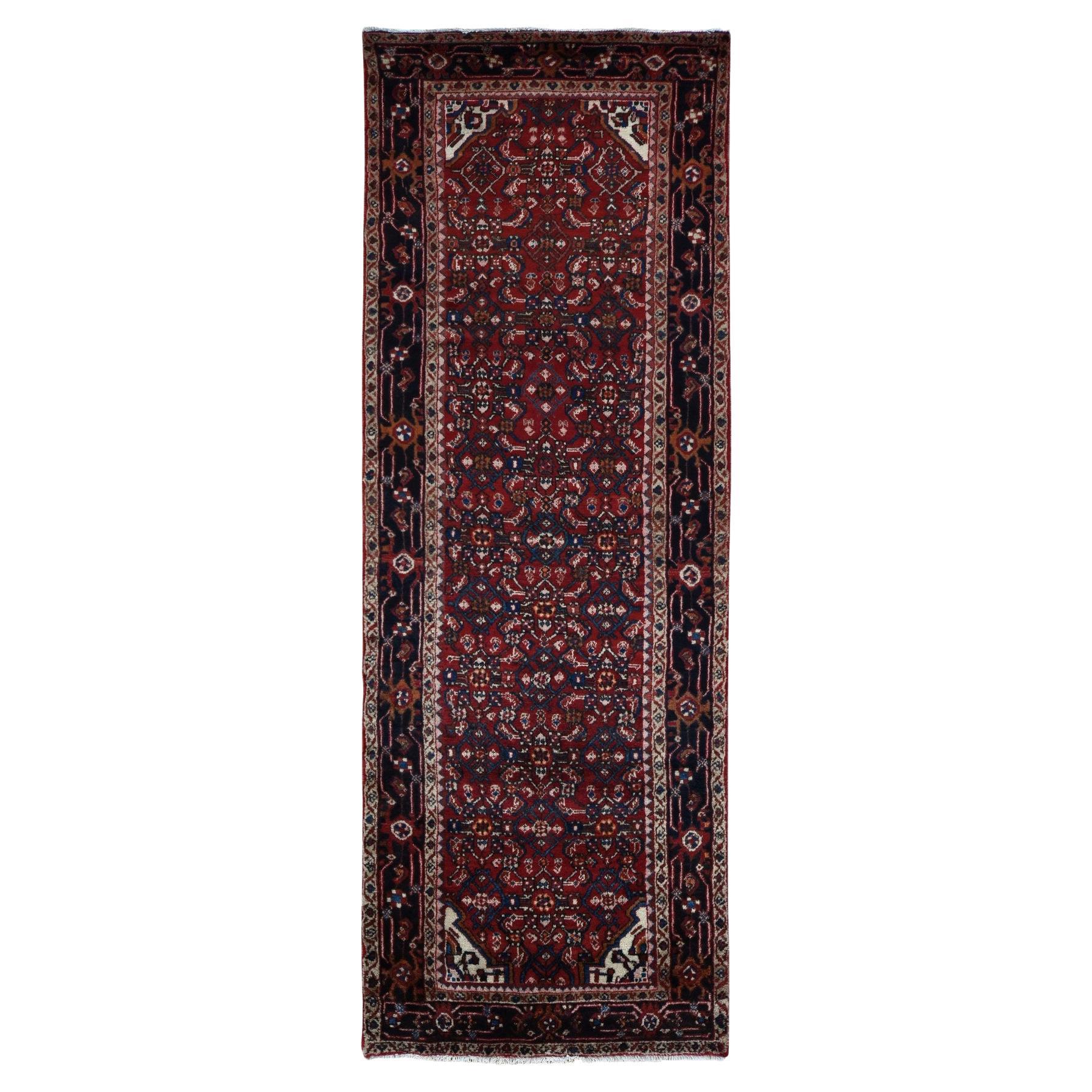 Brick Red Vintage Persian Wool Hand Knotted Wide Runner Village Rug 3'7"x10'2" For Sale