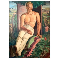 "Albañil descansando", pintura monumental de la época de la WPA de un trabajador con un paisaje