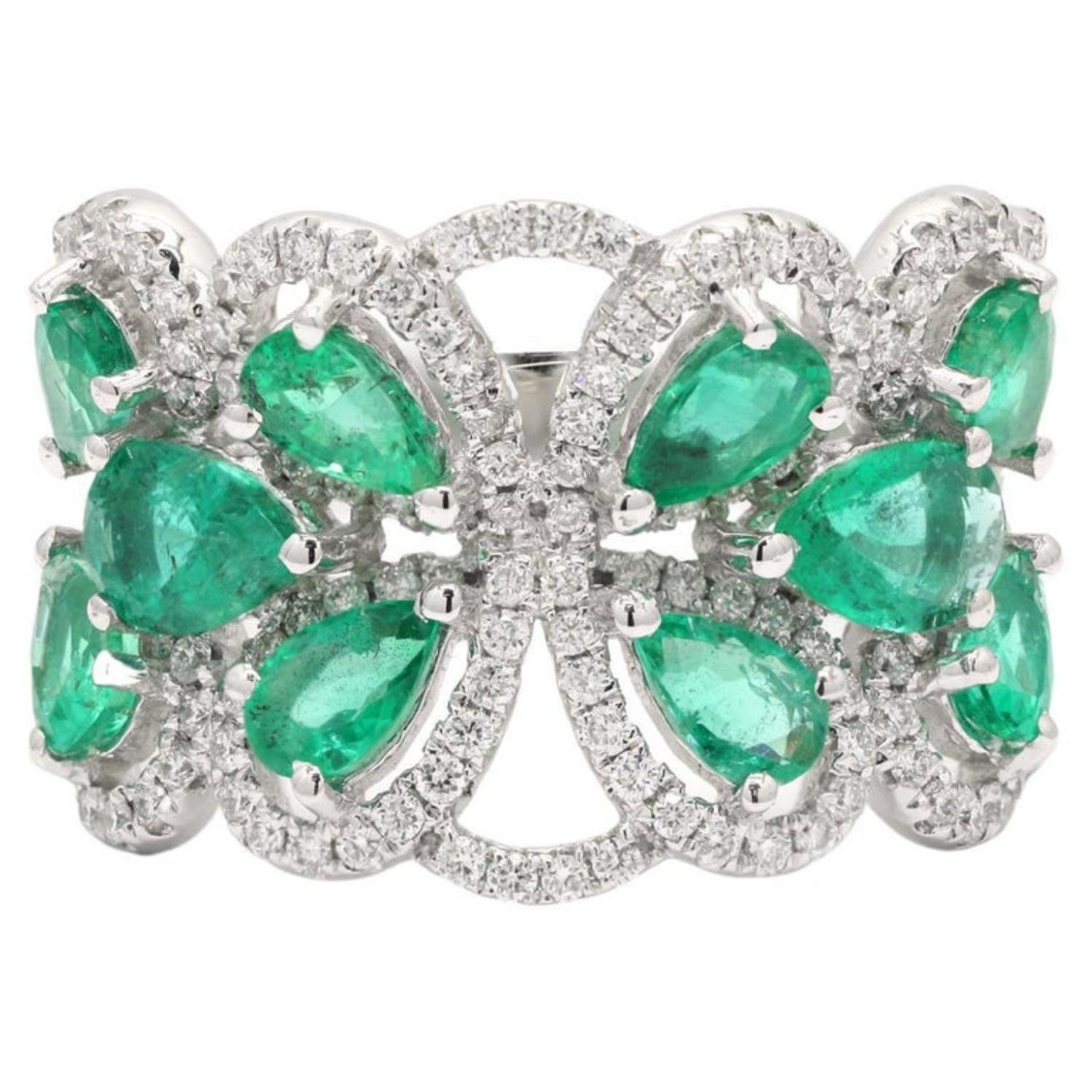 For Sale:  Statement Emerald and Diamond Cocktail Ring in 14k Solid White Gold Jewelry 5