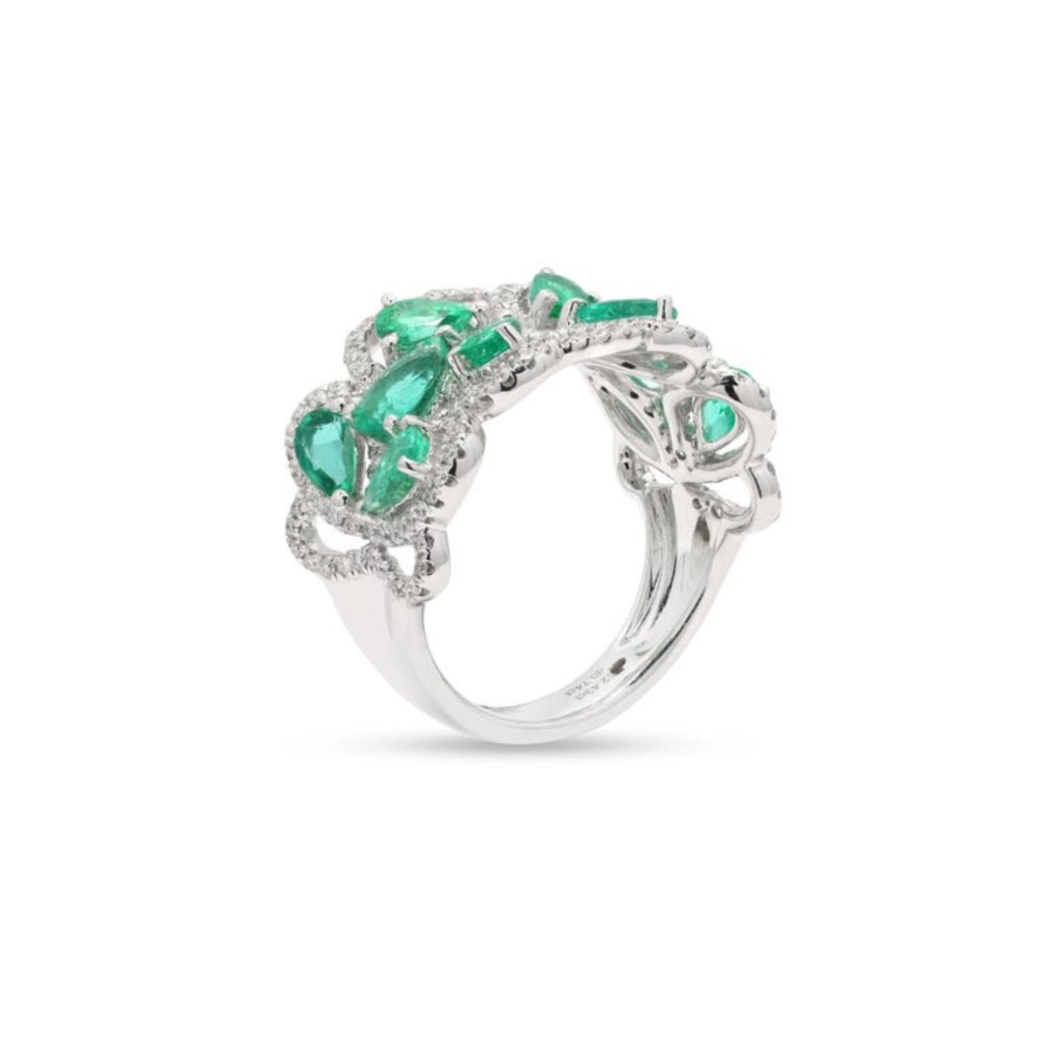 For Sale:  Statement Emerald and Diamond Cocktail Ring in 14k Solid White Gold Jewelry 7