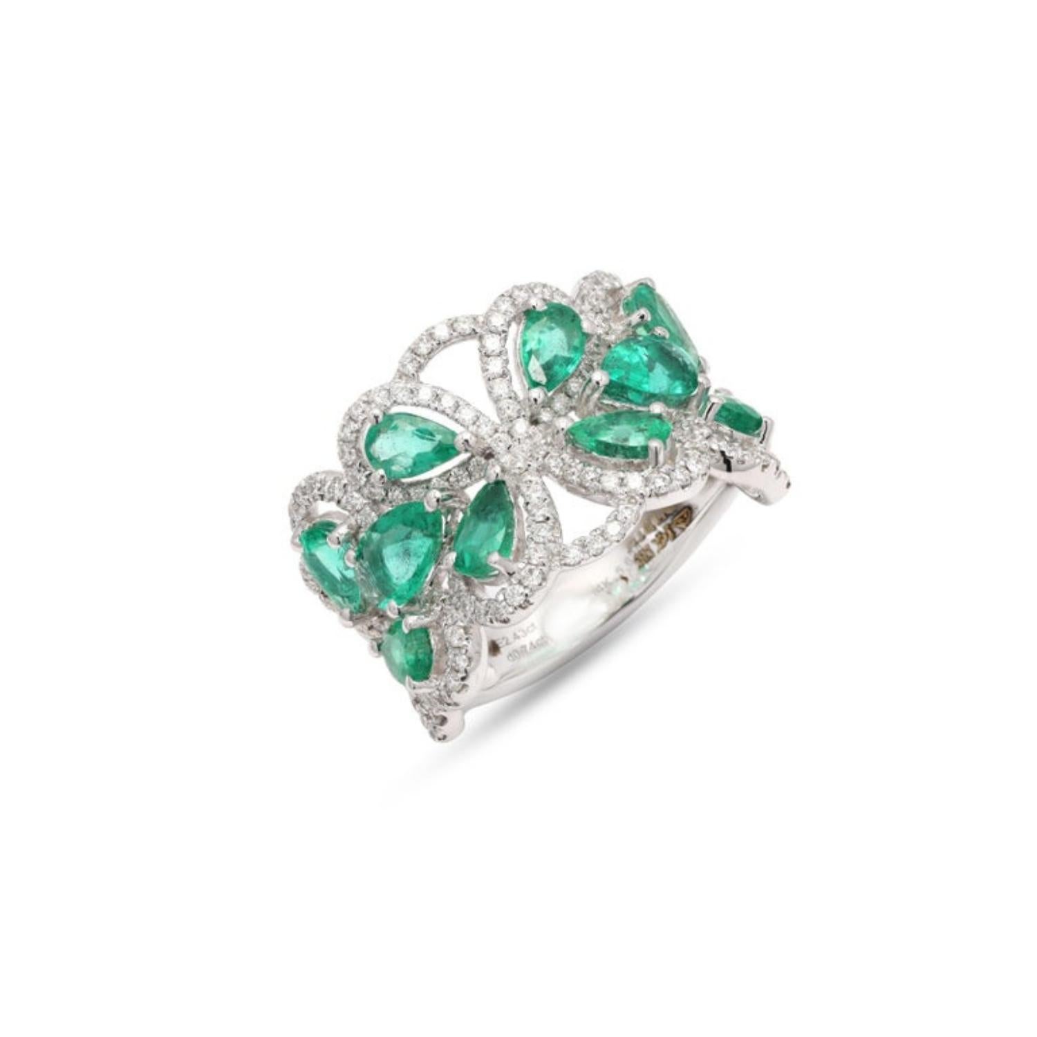 For Sale:  Statement Emerald and Diamond Cocktail Ring in 14k Solid White Gold Jewelry 8
