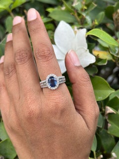 18k Solid White Gold Genuine Oval Blue Sapphire and Diamond Engagement Ring