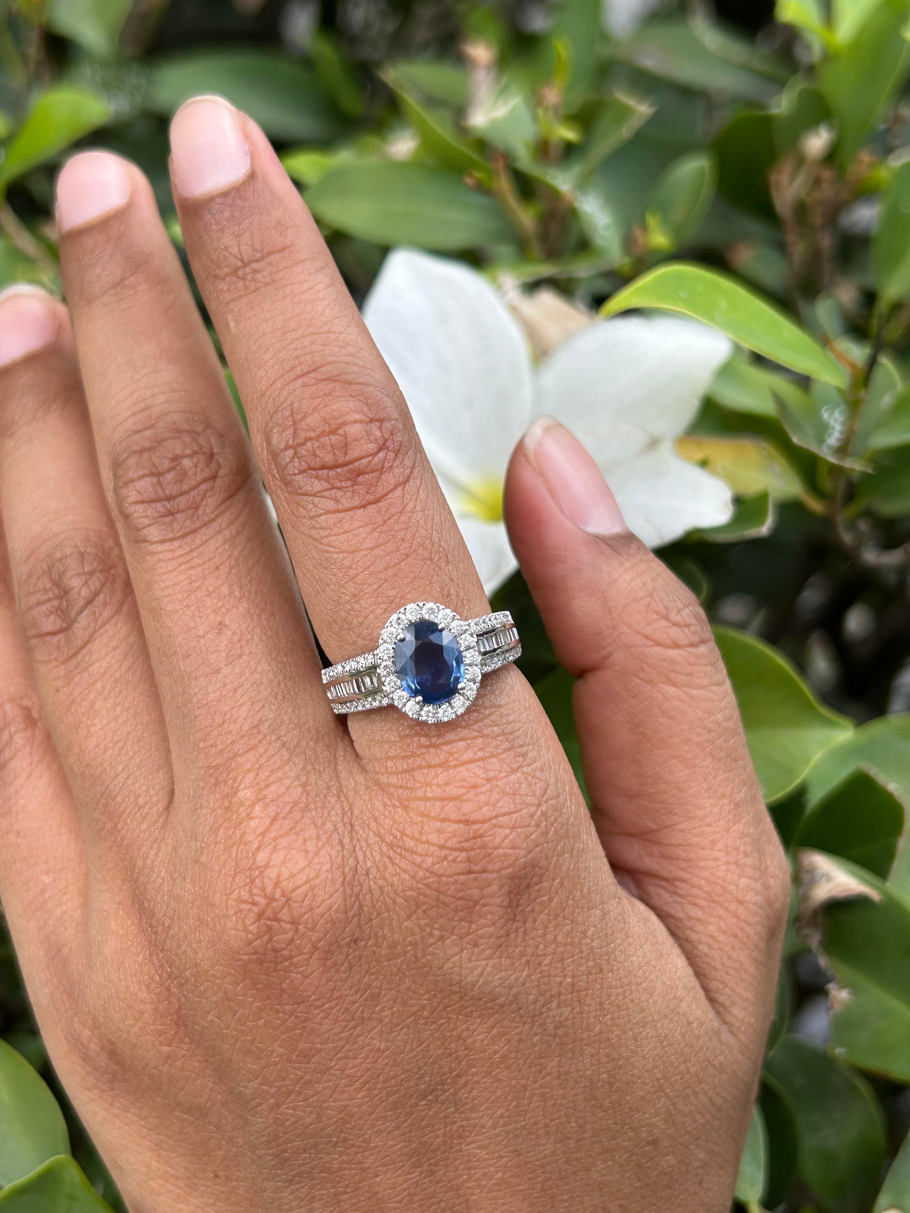 For Sale:  18k Solid White Gold Genuine Oval Blue Sapphire and Diamond Engagement Ring 6