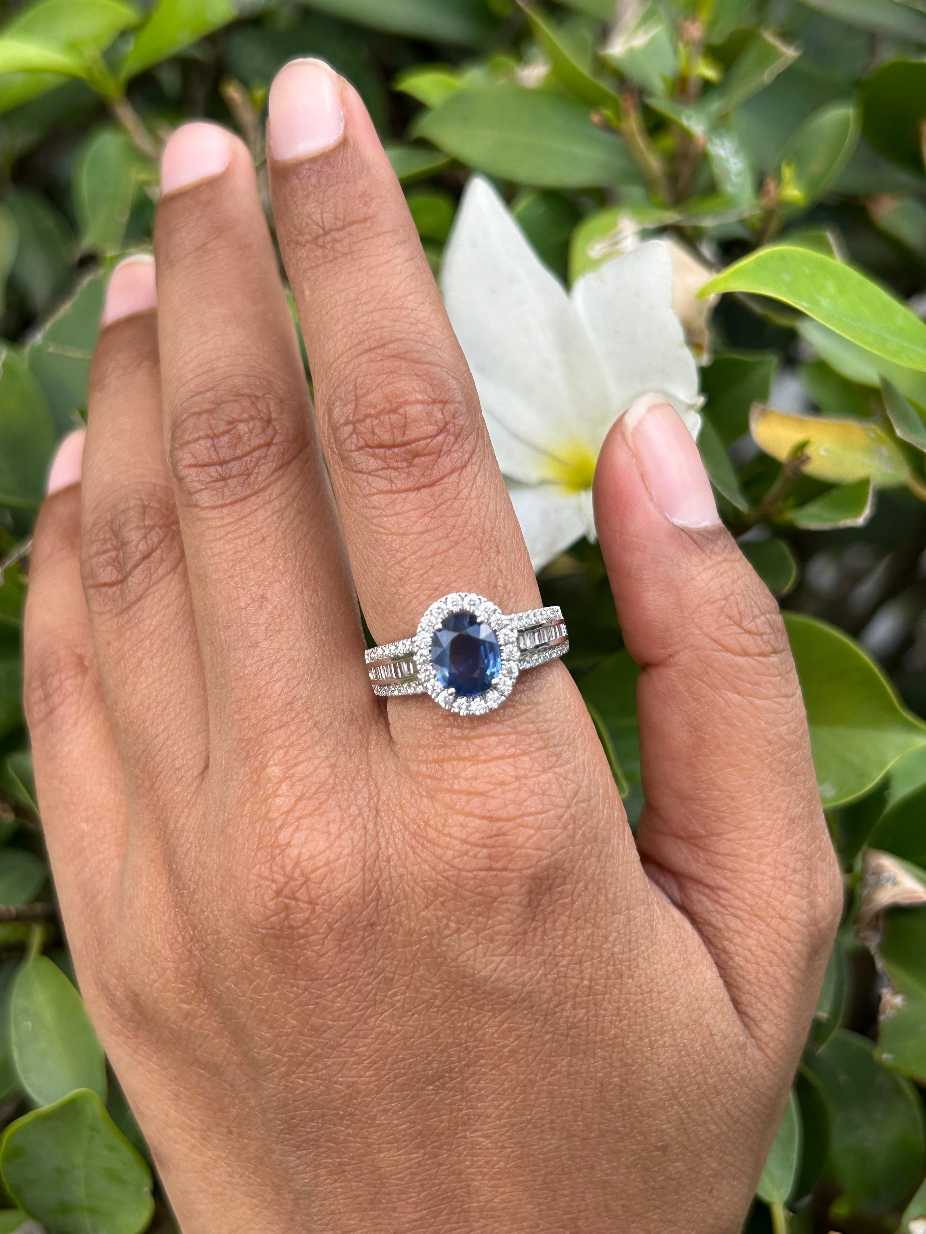 For Sale:  18k Solid White Gold Genuine Oval Blue Sapphire and Diamond Engagement Ring 8