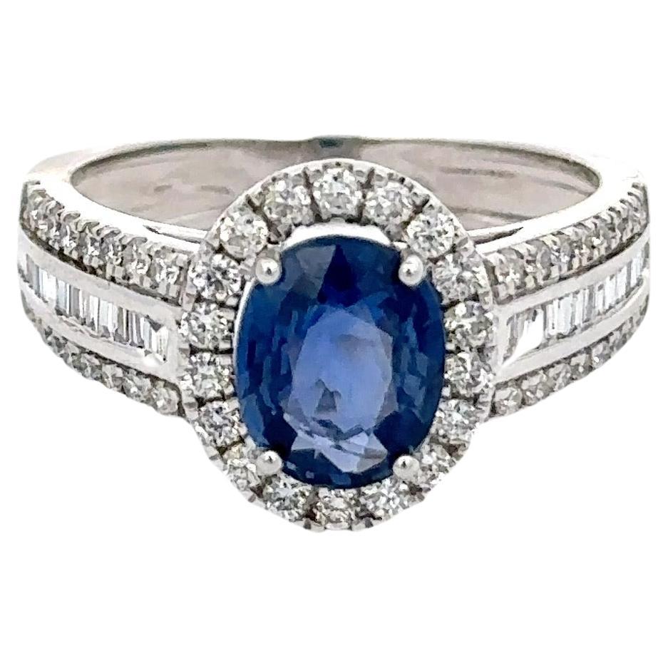 Bague de fiançailles en or blanc massif 18 carats avec saphir bleu ovale véritable et diamant