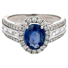 18k Solid White Gold Genuine Oval Blue Sapphire and Diamond Engagement Ring